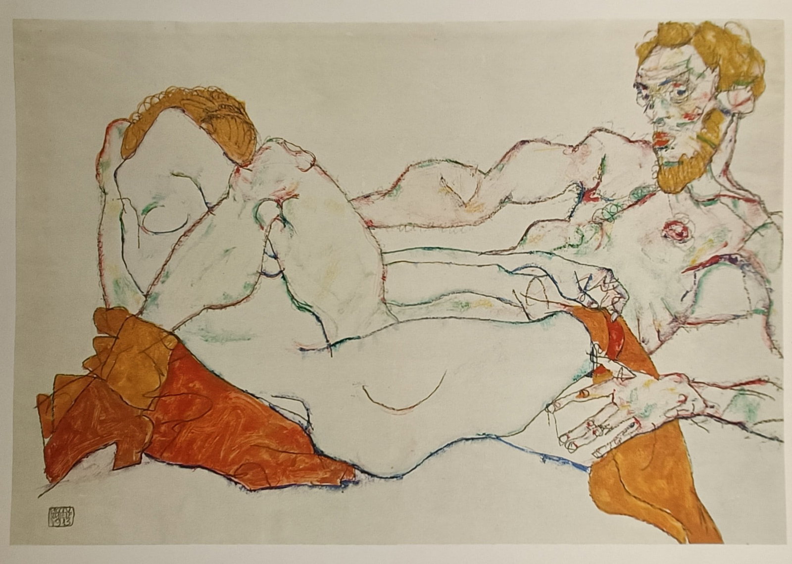 Egon Schiele (1890–1918), after – Reclining Couple – Offset lithograph (20th Century): "Reclining Couple" is a multi-coloured offset print reproducing an expressive gouache and pencil drawing of two figures in a reclining posture against a plain background. The avant-garde composition f