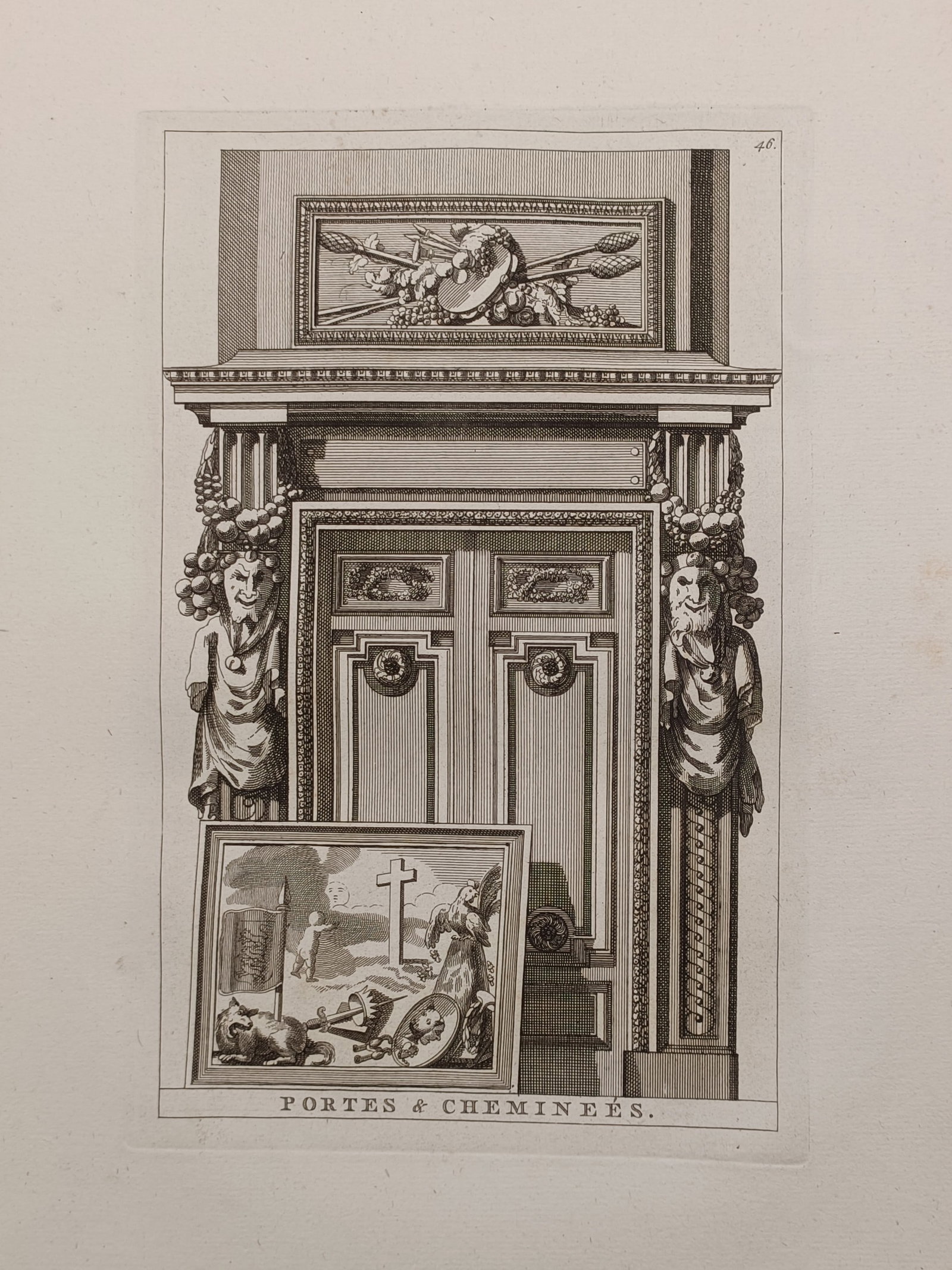 Jean-Charles Delafosse – Architectural Design for Doors and Chimneypieces – Engraving (1768): "Portes et Cheminées" is a black and white engraving displaying a neoclassical architectural design intended for interior ornamentation against a plain background. The composition shows an ornate doo