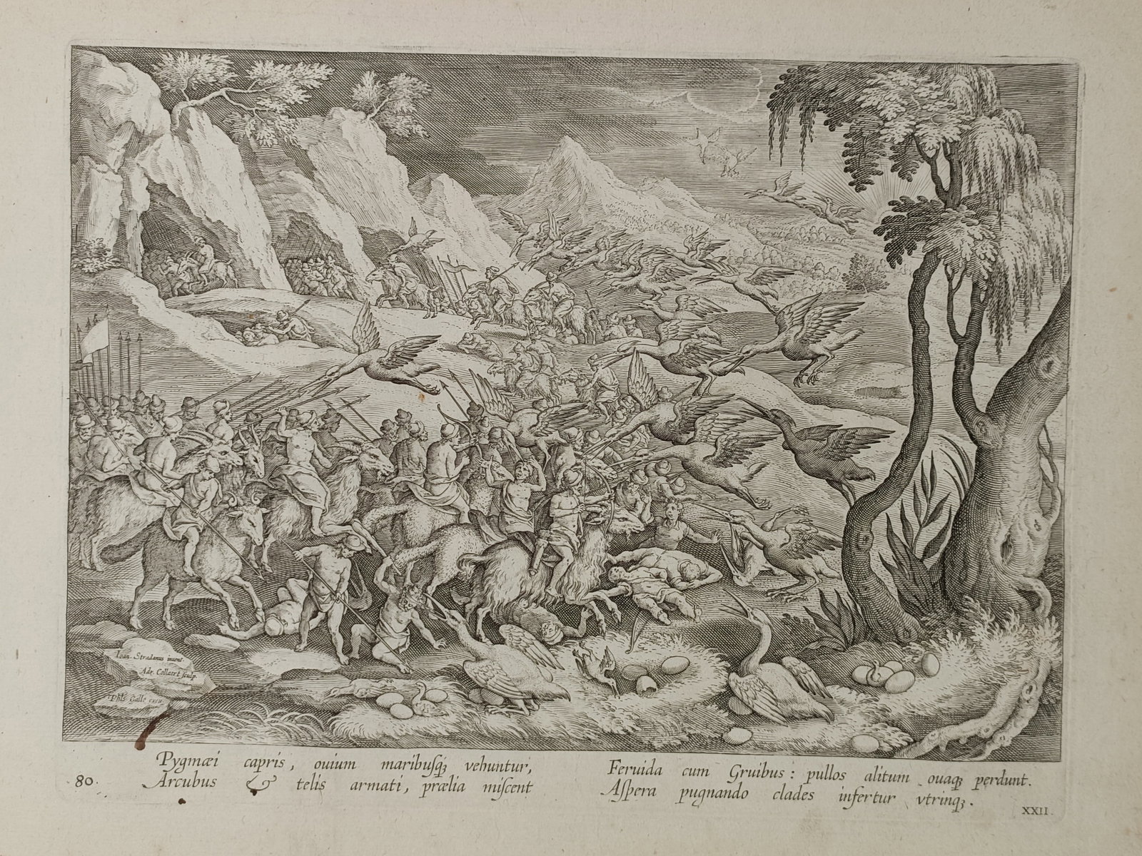 Adriaen Collaert (ca. 1560 – 1618) – Battle Between Pygmies and Cranes – Engraving (1596): "Pygmaei Capris, Ouium Maribusque Vehuntur" The print illustrates the mythical conflict between pygmies and cranes from classical antiquity. Armed with bows and spears, a dense army of miniature warri