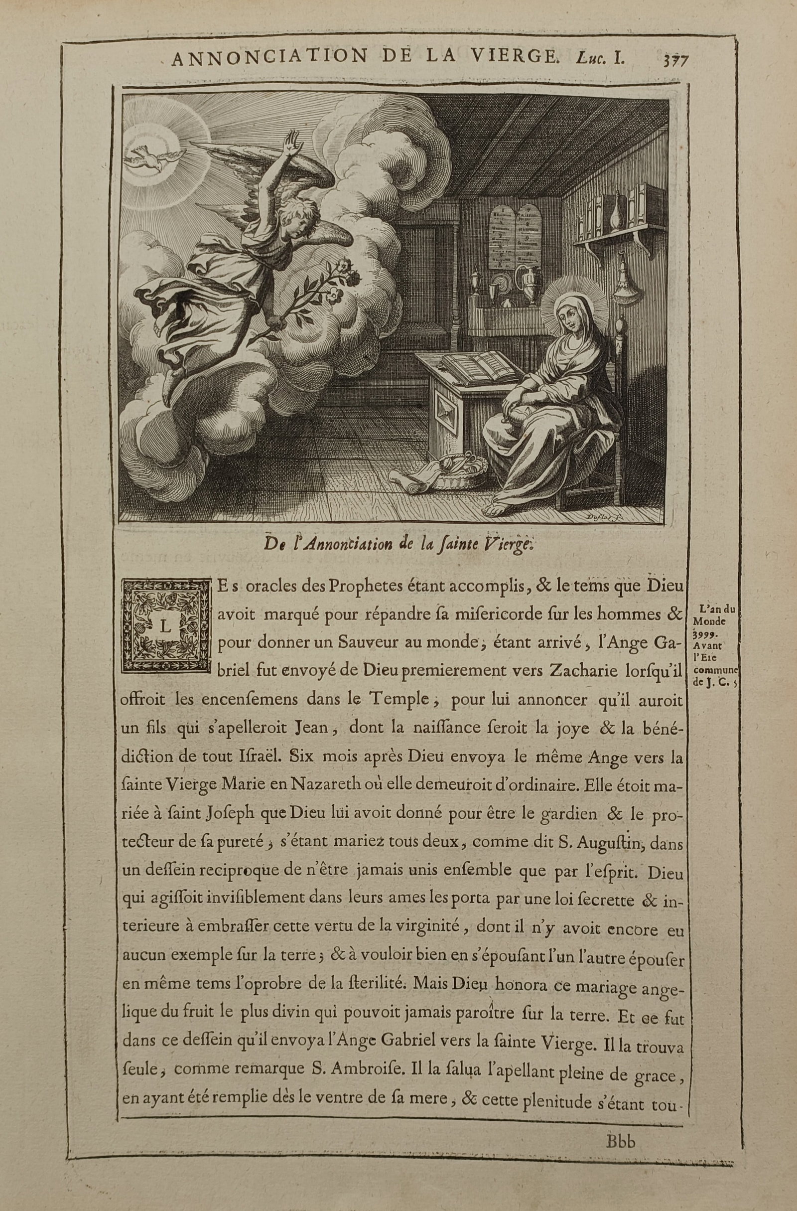 Nicolas Fontaine (1625 – 1709) – The Annunciation – Engraving (1670): "Annonciation de la Vierge" The print illustrates the biblical event from the Gospel of Luke where the Archangel Gabriel visits the Virgin Mary. An angel descends upon a bank of clouds amidst radiant 