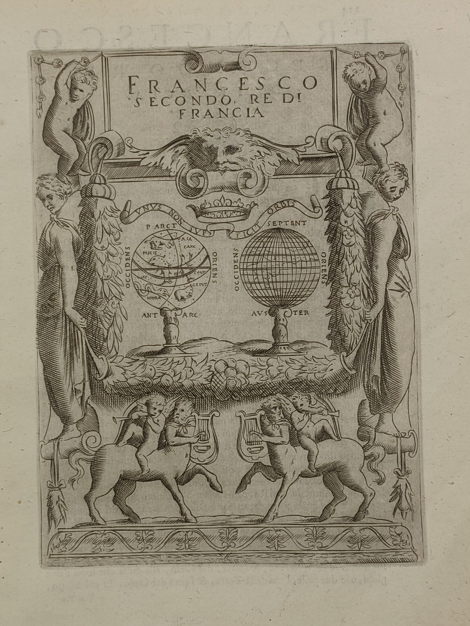Girolamo Ruscelli (ca. 1518 – 1566) – Impresa of Francis II, King of France – Engraving (1566): "Francesco Secondo Re Di Francia" The print illustrates the allegorical emblem or impresa dedicated to King Francis II of France. The central composition features two globes, a celestial sphere displa