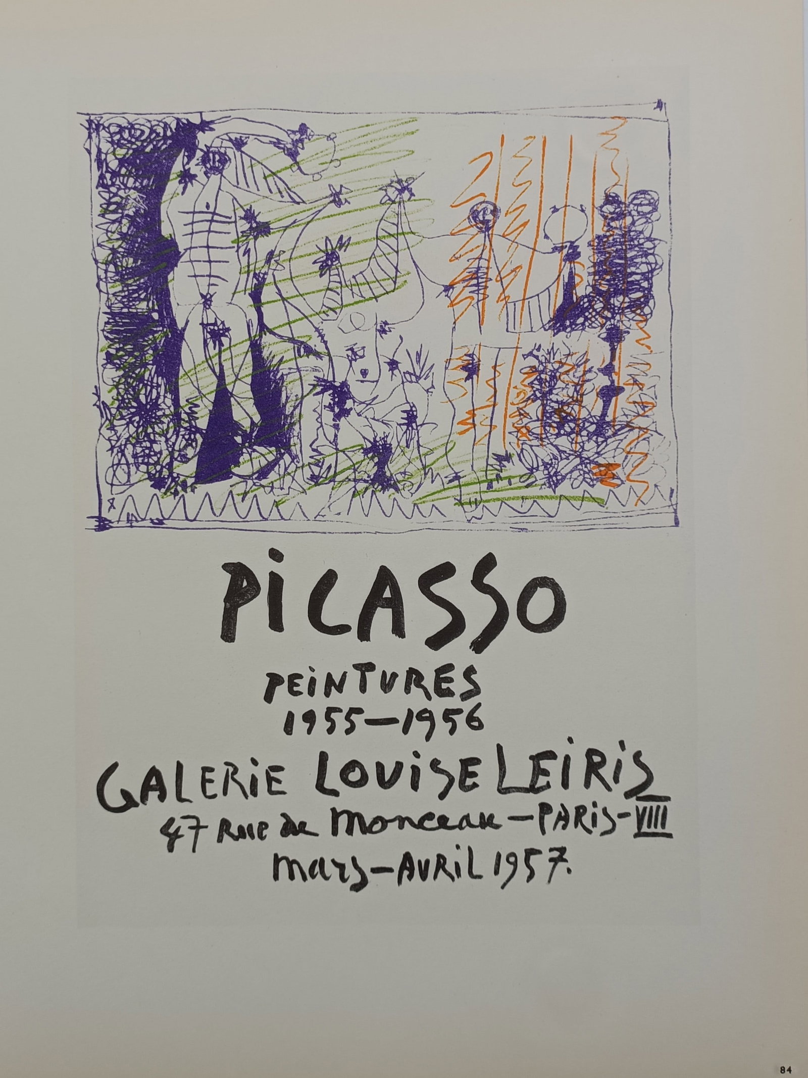 Pablo Picasso (1881 – 1973), after – Poster for Galerie Louise Leiris – Offset print (20th: "Picasso: Peintures 1955–1956" The print reproduces an exhibition poster originally created to advertise an exhibition of paintings by Pablo Picasso at the Galerie Louise Leiris in Paris. The upper 