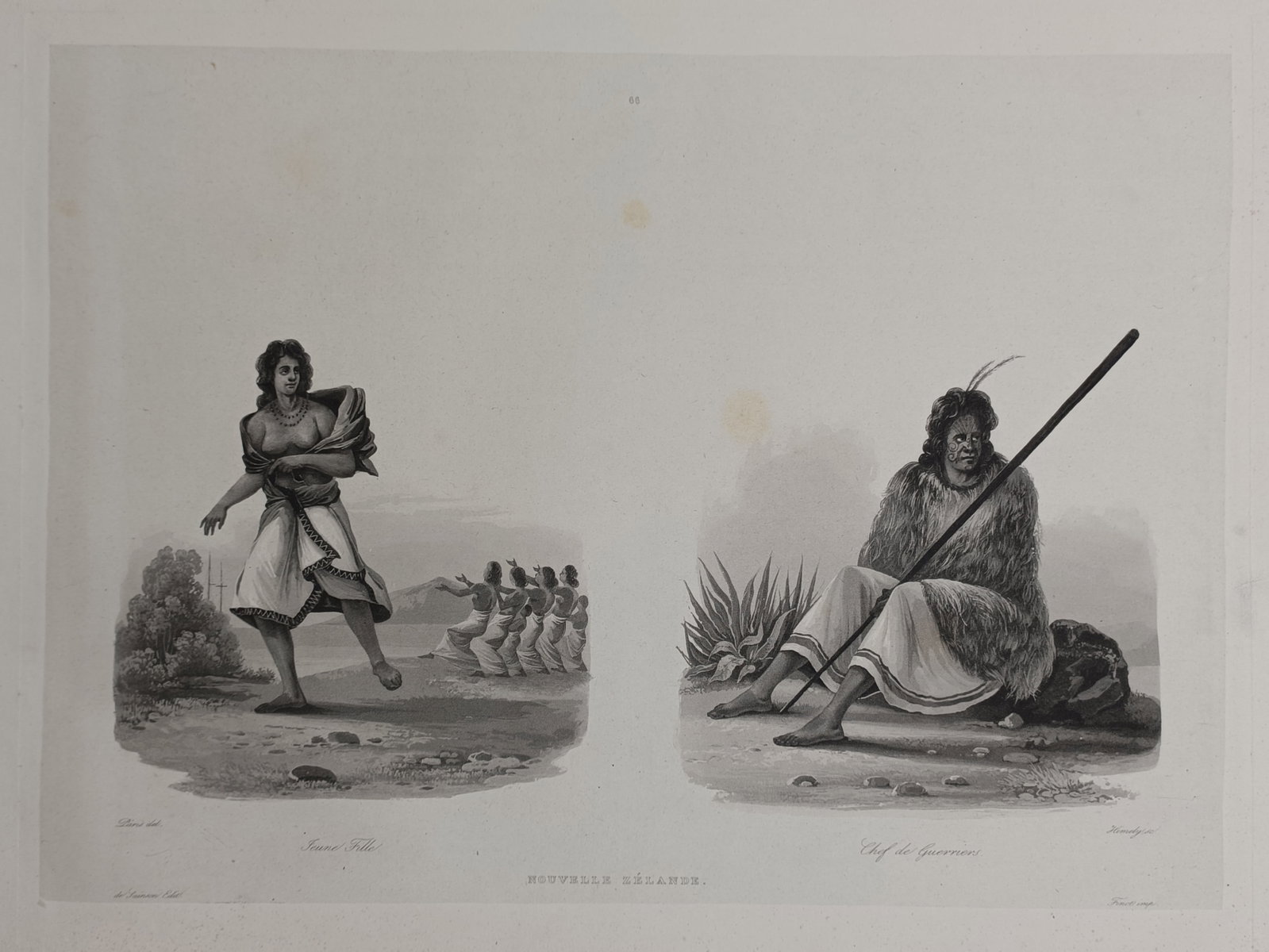 Barthelemy Lauvergne (1805 – 1871) – Young Girl and Warrior Chief, New Zealand – Aquatint (1 of 2)