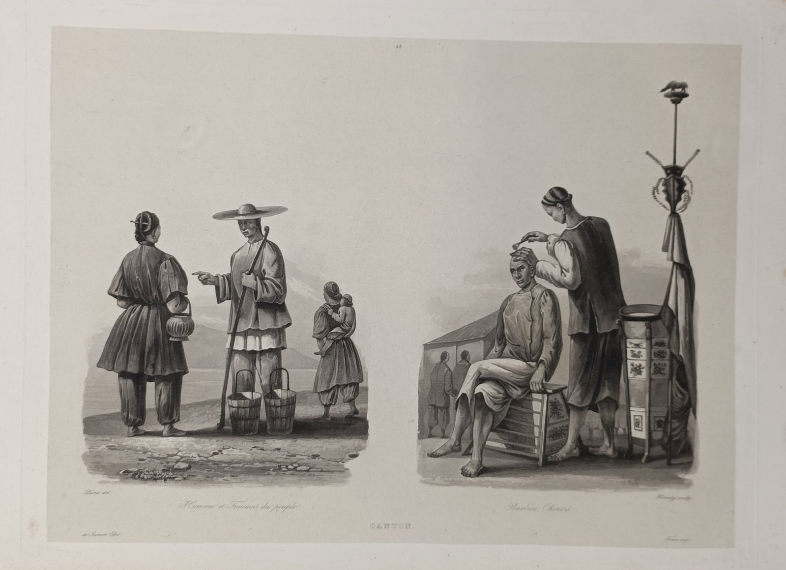 Barthelemy Lauvergne – Common People and Barber in Canton, China – Aquatint (1835) (1 of 2)