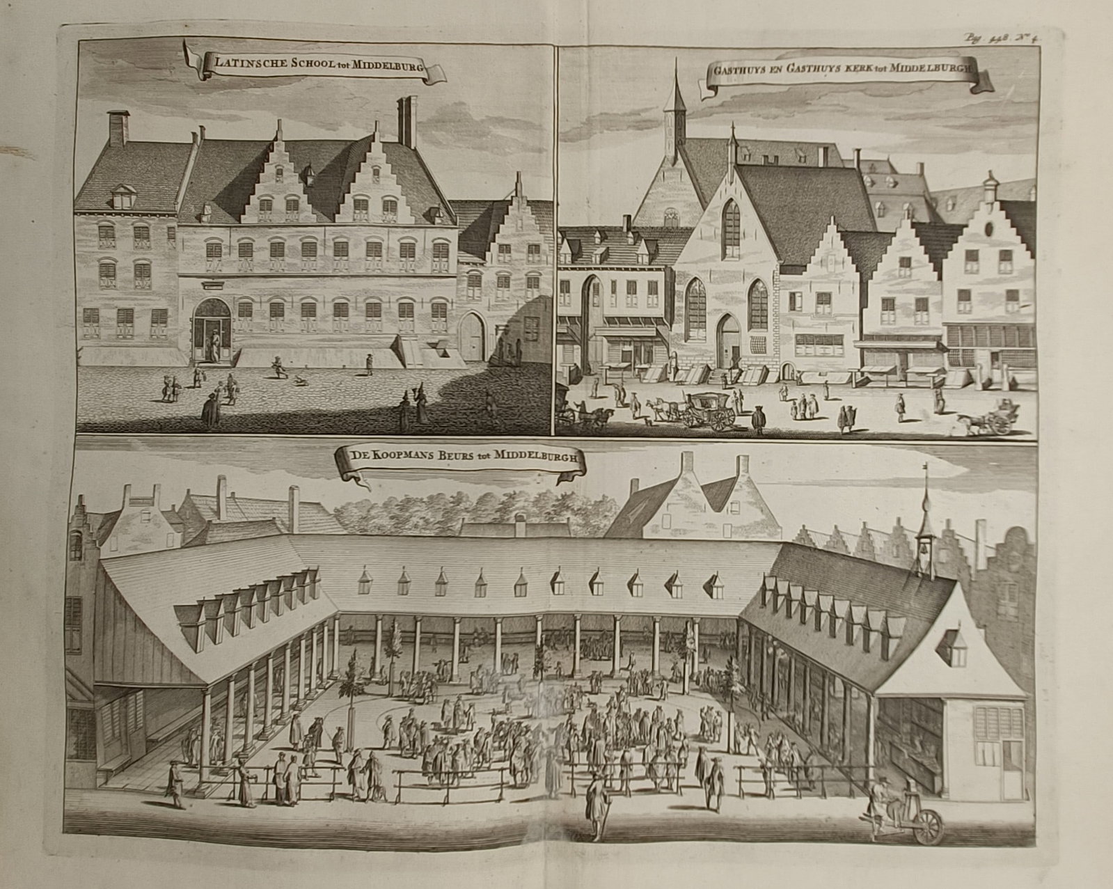 Cornelis de Bruyn (ca. 1552 – 1628) – Views of Middelburg Buildings – Engraving (1698): "Latinsche School Tot Middelburg" The work features three distinct topographical views of institutional and public buildings in the city of Middelburg, Zeeland. One view presents the stately stepped-g