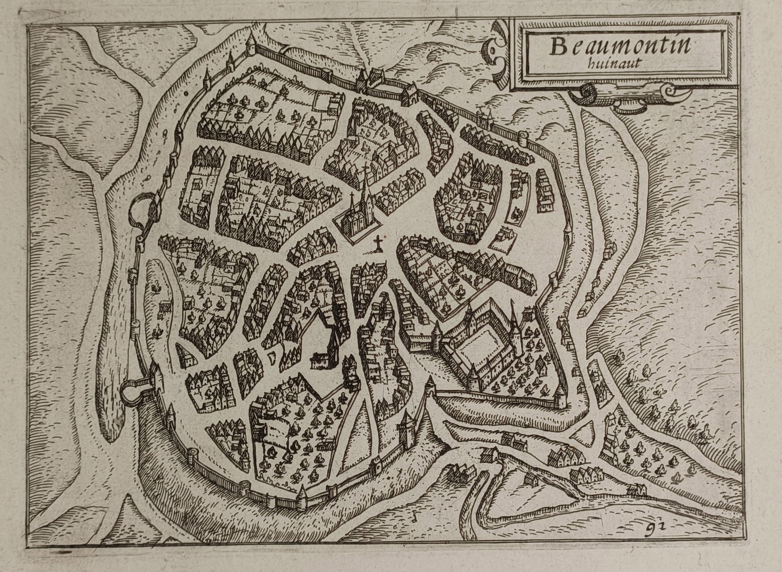 Lodovico Guicciardini (1521 – 1589) – Map of Beaumont – Hainaut – Engraving (1582): "Beaumontin Hainaut" The work presents a detailed bird's-eye topographical map and view of the fortified town of Beaumont in the region of Hainaut. The layout clearly delineates the medieval defensive