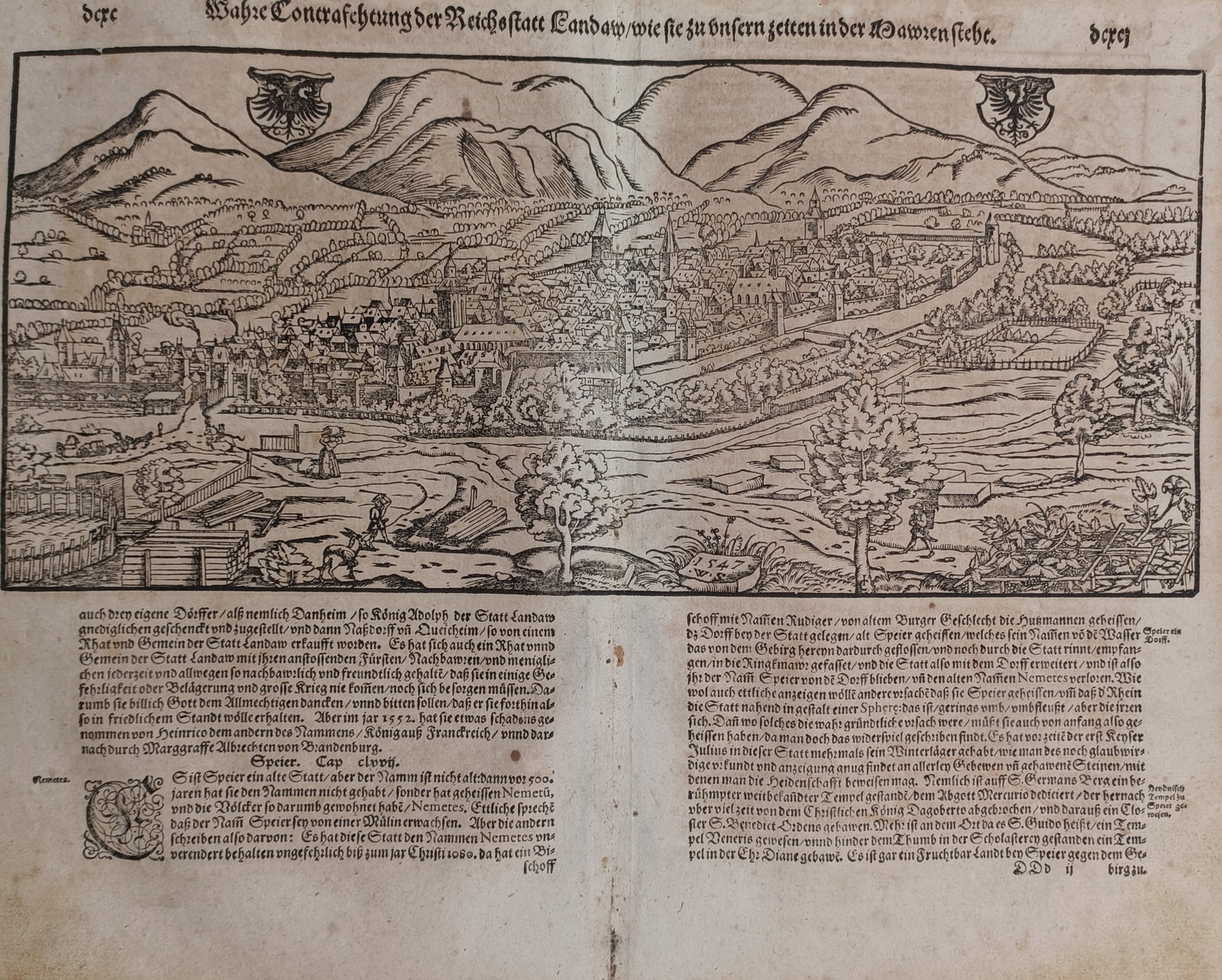 Sebastian Münster (1488 – 1552) – Topographical View and History of Landau – Woodcut (1643) (1 of 3)