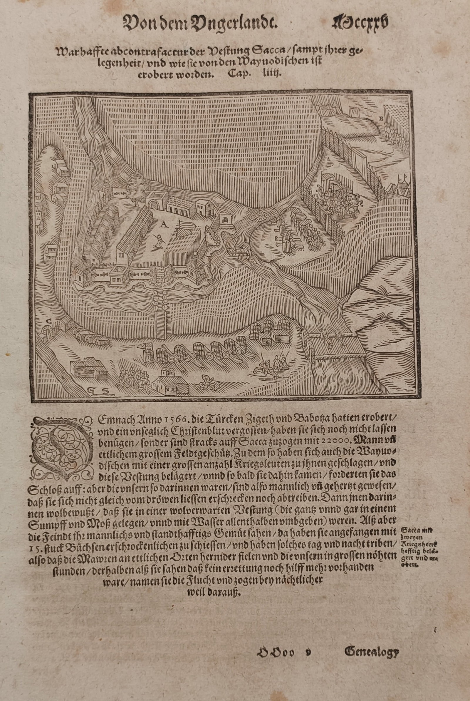 Sebastian Münster (1488 – 1552) – Topographical Map and Siege of Zatcza Fortress – Woodcut (1 of 2)