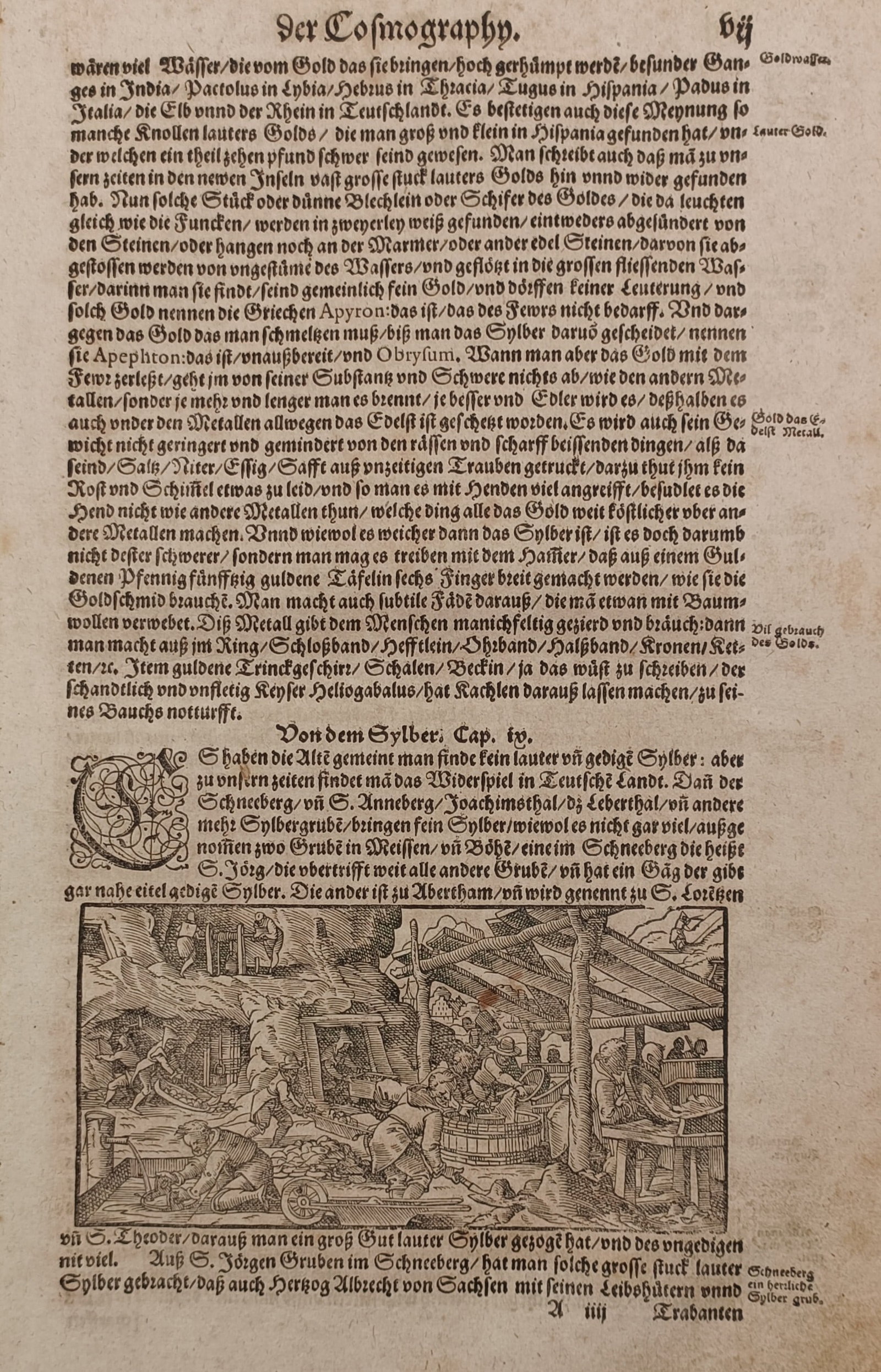 Sebastian Münster (1488 – 1552) – Historical Description and Mining of Silver – Woodcut: Von dem Sylber The print features a technological and historical study illustrating silver mining operations during the Renaissance. The lower section contains a detailed woodcut scene depicting miner