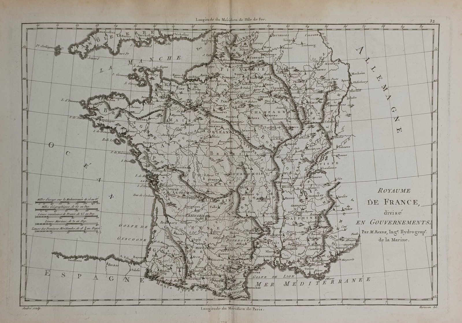 Rigobert Bonne – Map of the Kingdom of France Divided into Governments – France – Engraving (1 of 2)