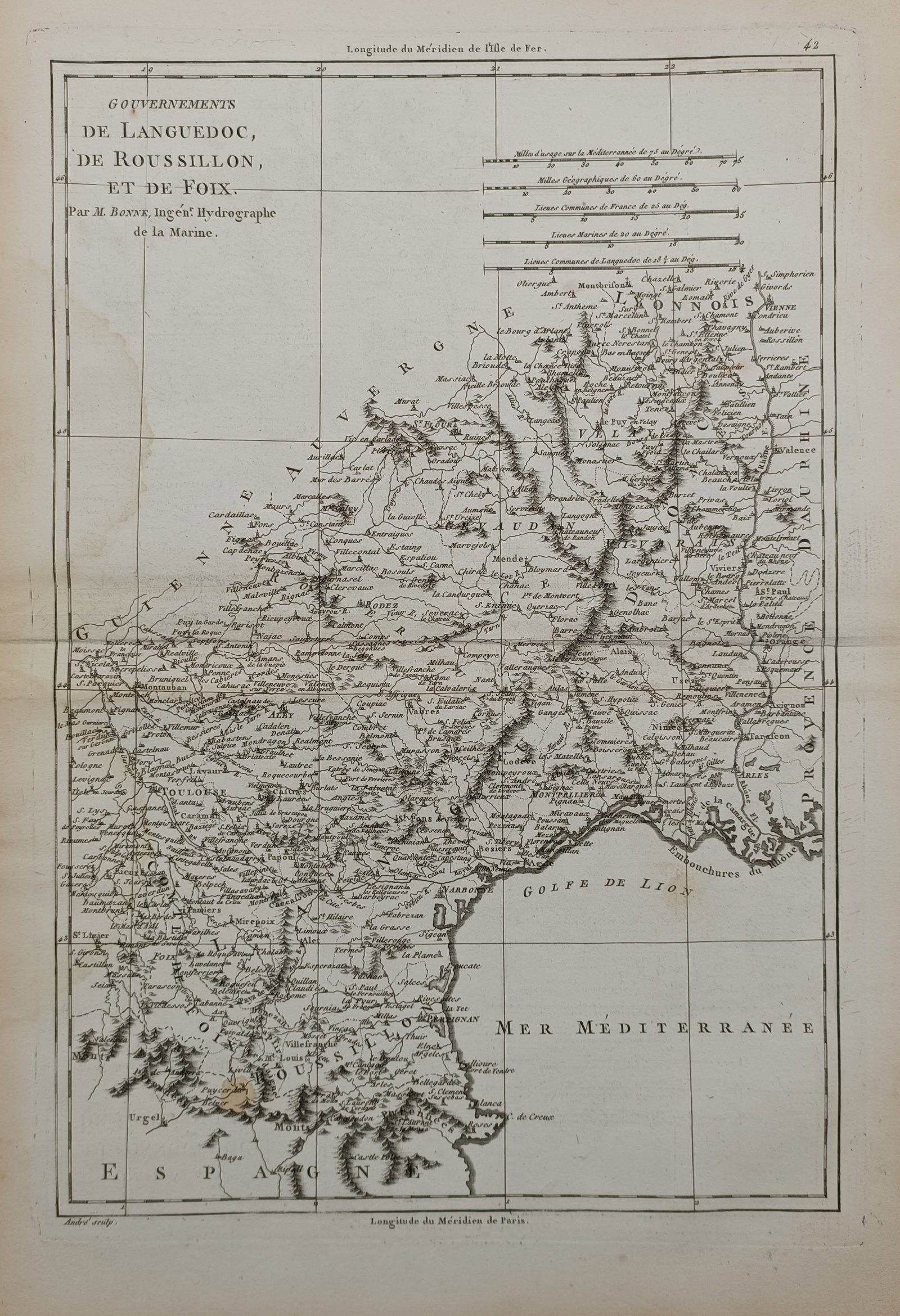 Rigobert Bonne – Map of the Governments of Languedoc, Roussillon, and Foix – France –: "Gouvernements de Languedoc, de Roussillon, et de Foix" The print features a detailed cartographic study illustrating a geographical map of the southern French historical provinces and military govern