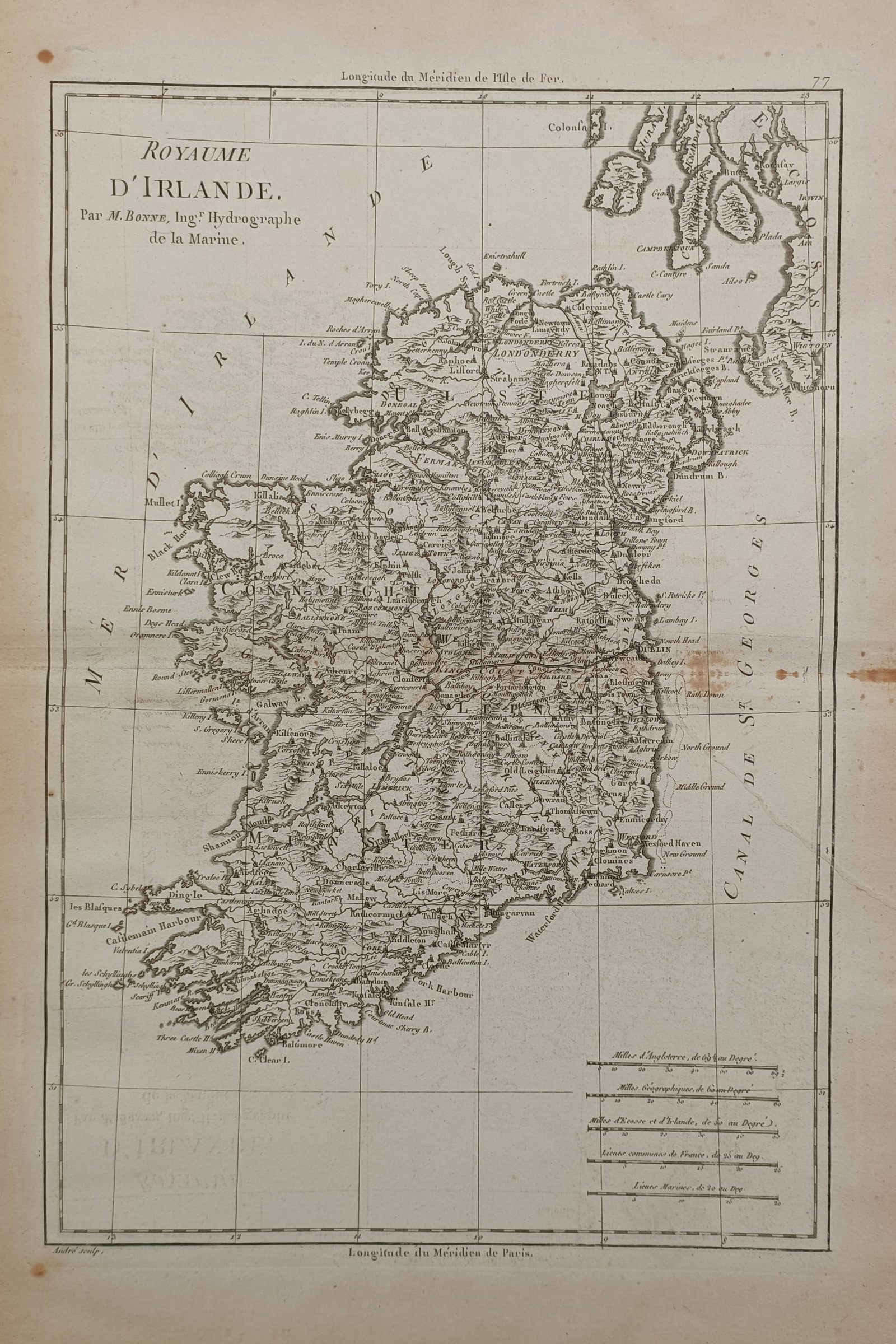 Rigobert Bonne (1727 – 1794) – Map of the Kingdom of Ireland – Ireland – Engraving (1787): "Royaume d Irlande" The print features a detailed cartographic study illustrating a geographical map of the Kingdom of Ireland during the late eighteenth century. The composition defines the entire is