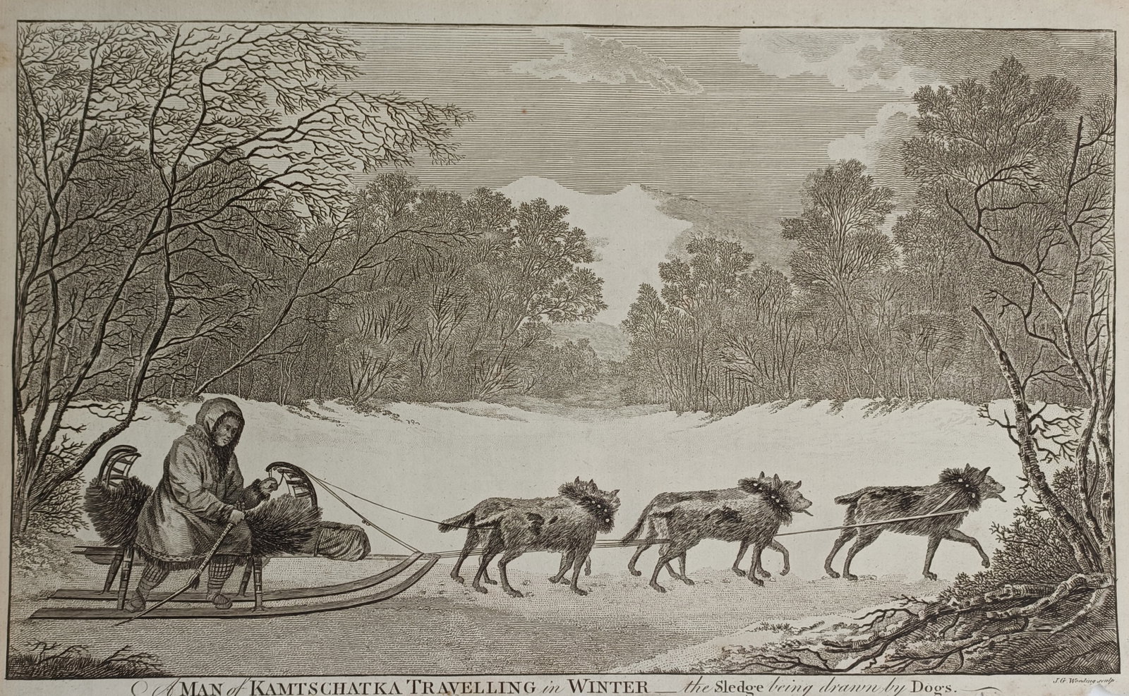 Alexander Hogg – A Man of Kamtschatka Travelling in Winter – Engraving (1784): "A Man of Kamtschatka Travelling in Winter the Sledge Being Drawn by Dogs" This engraving depicts a winter transportation scene in the Kamchatka Peninsula, capturing the regional customs of the indige