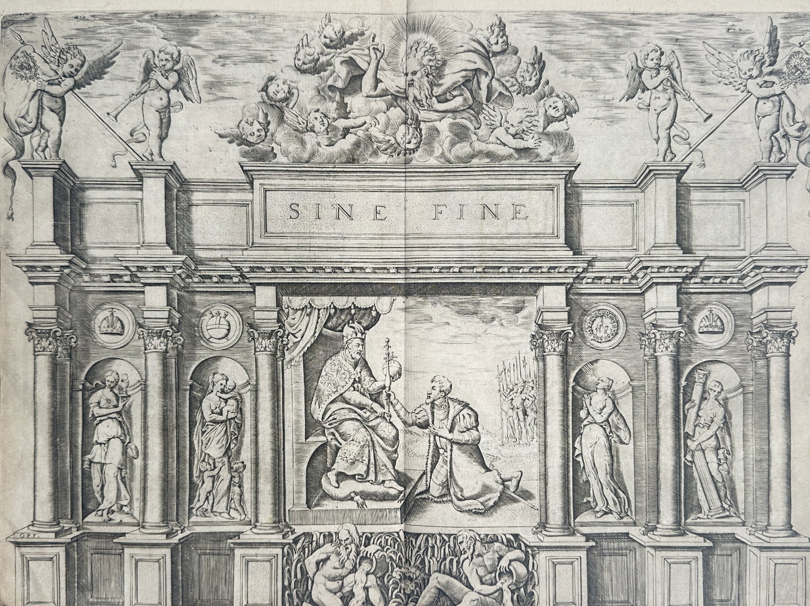 Girolamo Ruscelli – Frontispiece of the Device of Charles V with Imperial Architectural Arch: Le Imprese Illustri presents a broad overview of a Renaissance allegorical frontispiece documenting the heraldic enterprise and political iconography of Emperor Charles V. The work portrays a complex 