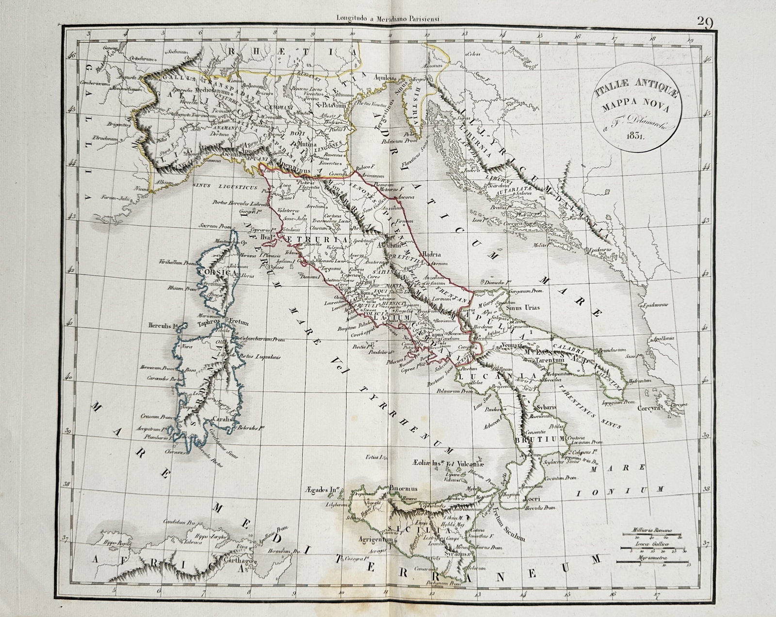 Félix Delamarche – Map of Ancient Italy – Europe – Hand-coloured engraving (1831): "Map of Ancient Italy" is a geographical cartographic work showcasing the regional divisions and coastal boundaries of the Italian peninsula during antiquity. The composition features hand-tinted bord