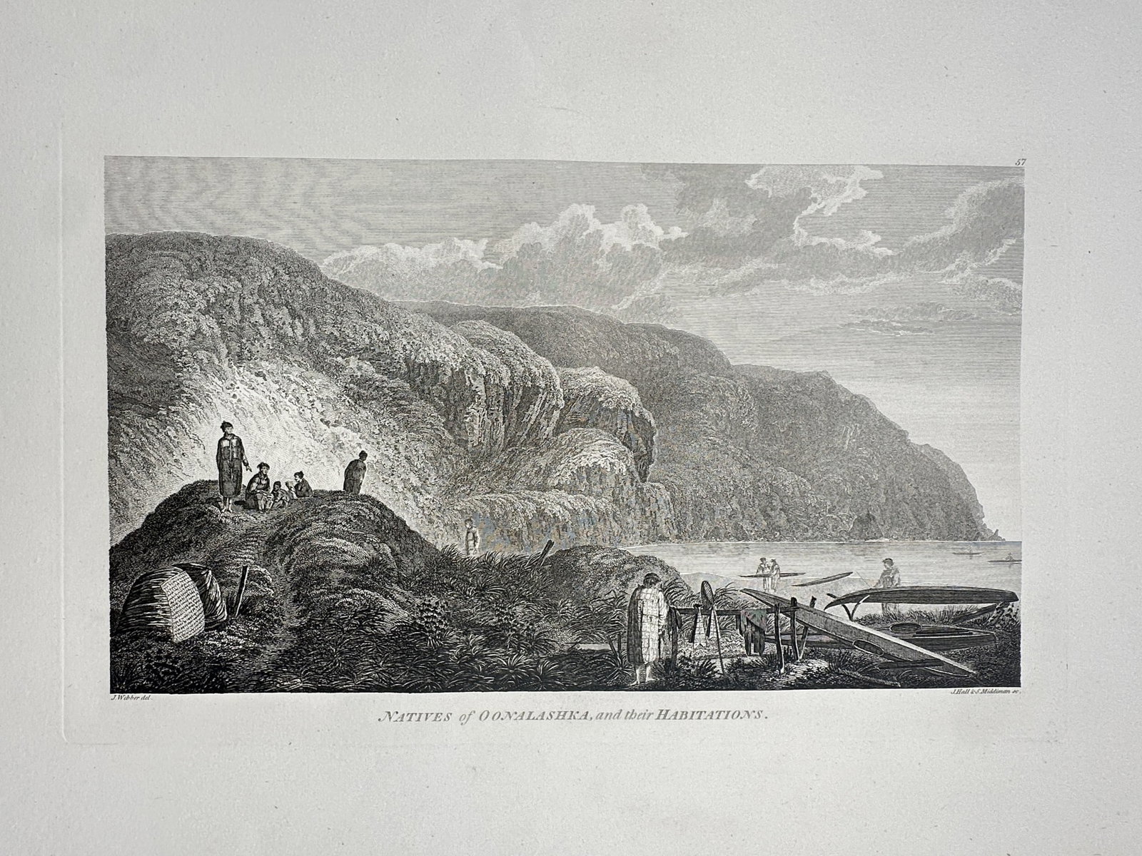 John Webber – Natives of Oonalashka, and their Habitations – Engraving (1784): "Natives of Oonalashka, and their Habitations" is an ethnographic illustration showcasing an indigenous coastal settlement amidst a rugged northern landscape. The composition features several figures 