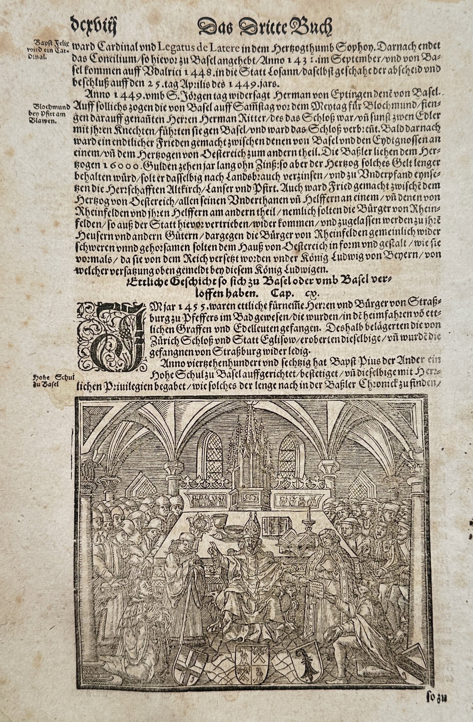 Sebastian Münster – Council of Basel – Woodcut (1550): "Council of Basel" is a historical illustration showcasing a solemn ecclesiastical assembly within a vaulted gothic hall. The composition features rows of clerical and noble figures gathered before an