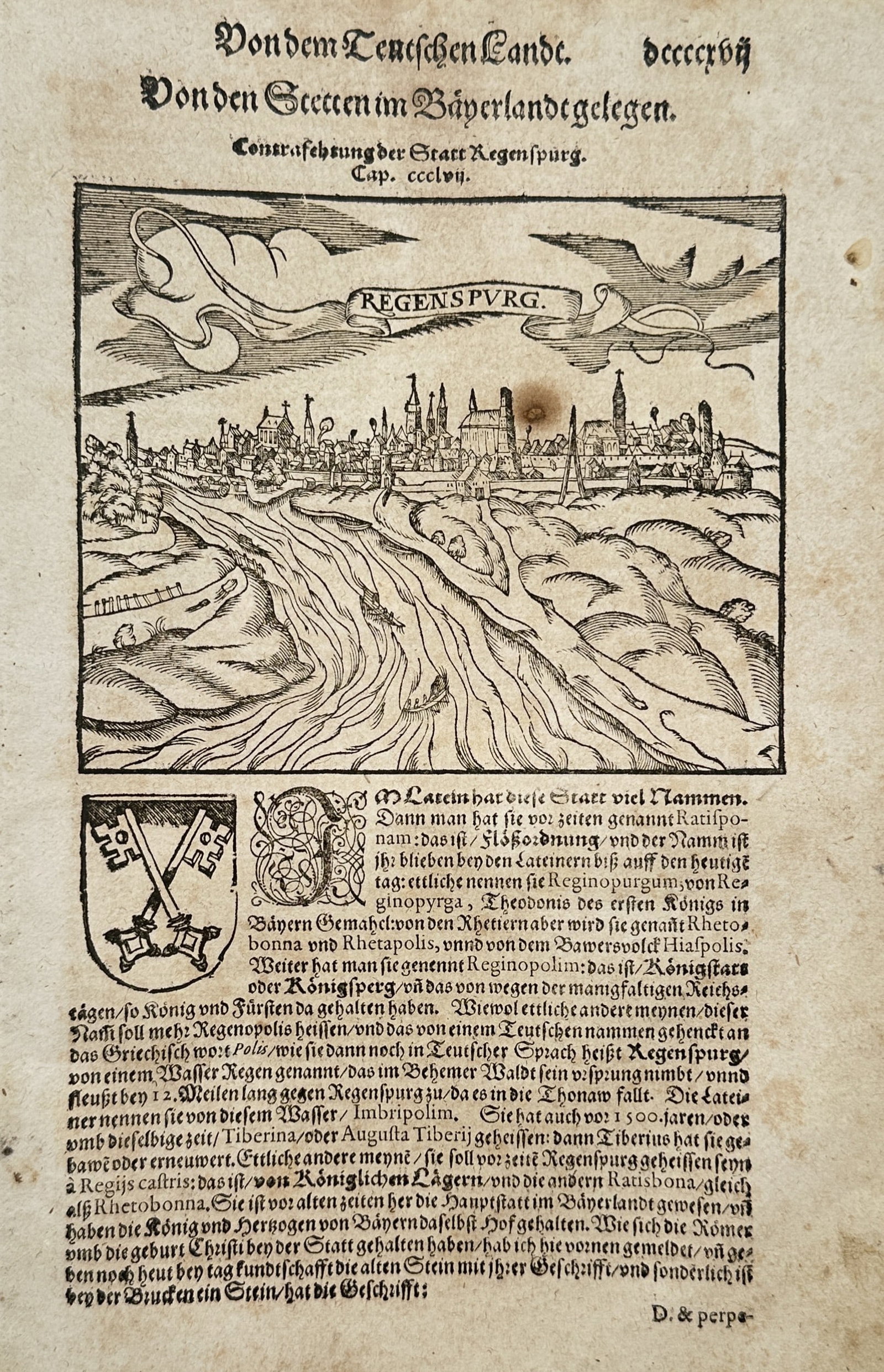 Sebastian Münster – Map of Regensburg – Germany – Woodcut (1550): "Map of Regensburg" is a geographical map and cityscape illustration showcasing the historic fortified settlement along the Danube River. The composition features a detailed panoramic view of the city