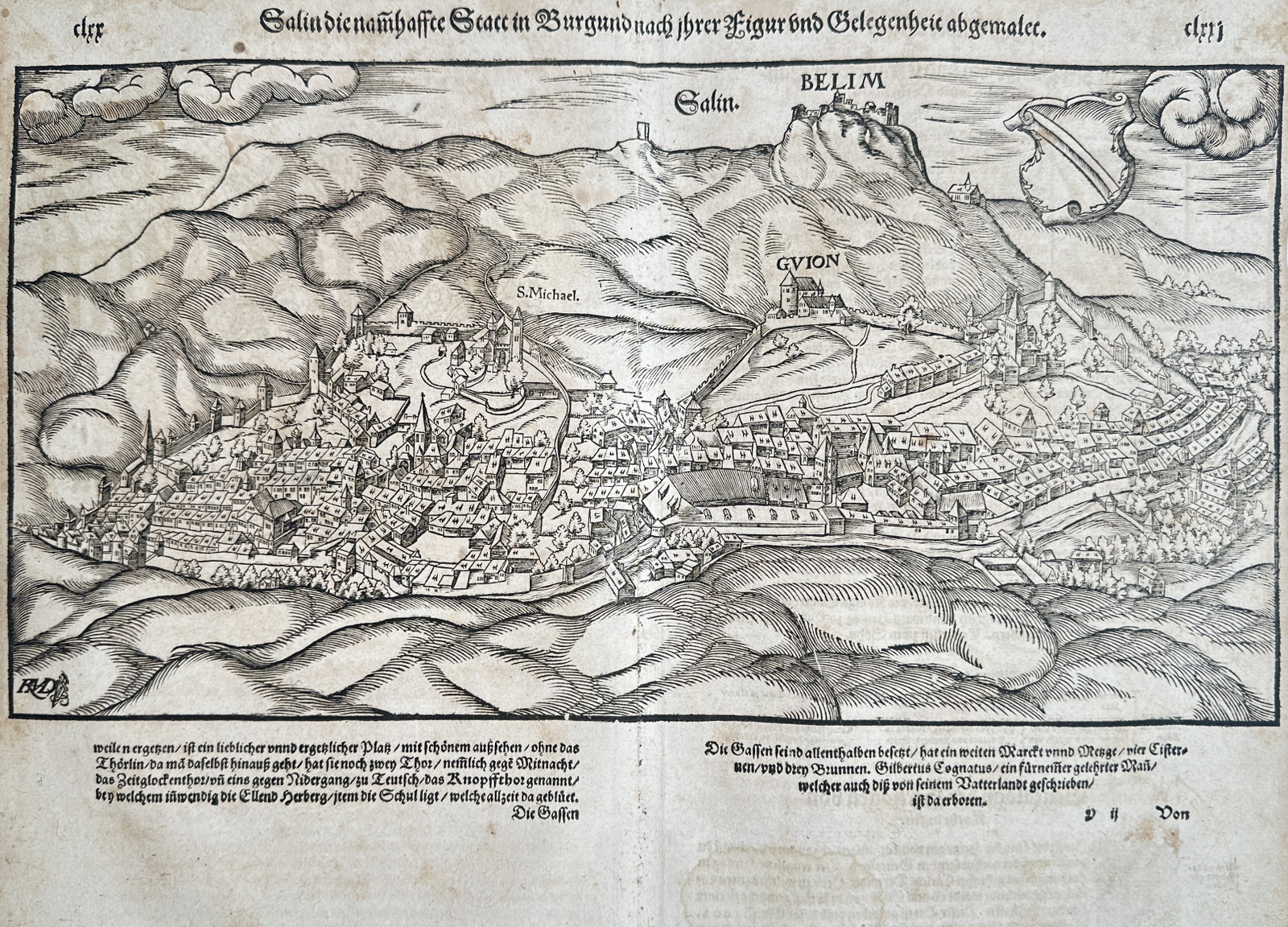 Sebastian Münster – Map of Salins-les-Bains – France – Woodcut (1550): "Map of Salins-les-Bains" is a geographical map and cityscape illustration showcasing the fortified valley town and its surrounding mountainous terrain. The composition features an extensive view of t