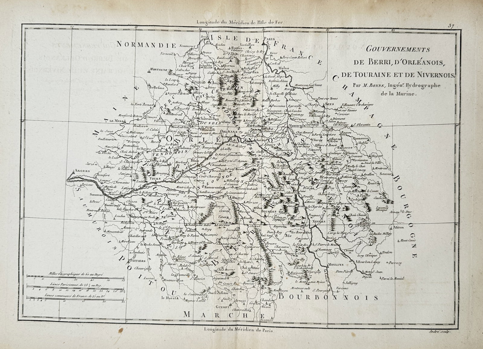 Rigobert Bonne – Map of the Governments of Berry, Orléanais, Touraine – France – Engraving: "Map of the Governments of Berry, Orléanais, Touraine, and Nivernais" is a regional map showcasing the territorial divisions, river systems, and settlements of central France. The composition feature