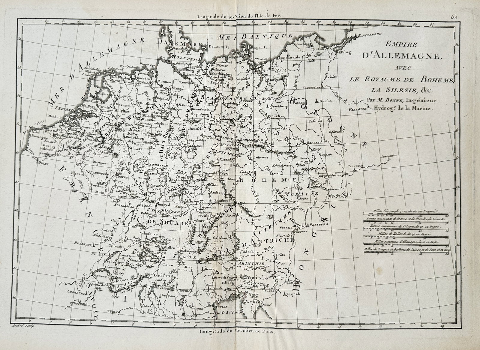 Rigobert Bonne – Map of the German Empire with the Kingdom of Bohemia – Europe – Engraving: "Map of the German Empire with the Kingdom of Bohemia and Silesia" is a regional map showcasing the territorial boundaries, river systems, and major settlements of Central Europe. The composition feat