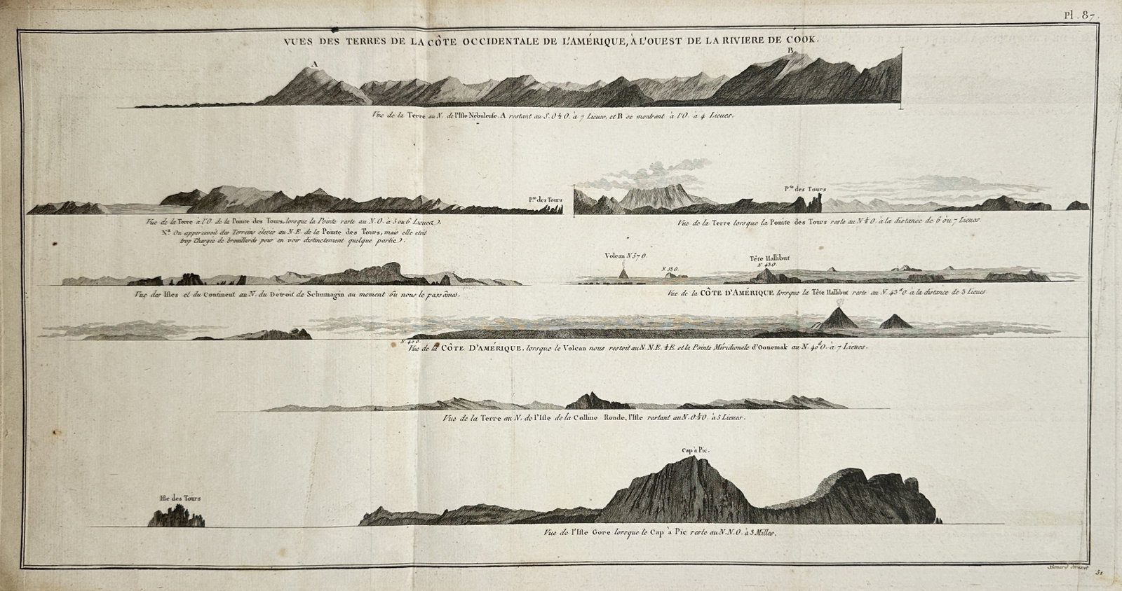 James Cook – Views of the Lands of the West Coast of America – Engraving (18th Century): "Views of the Lands of the West Coast of America" is a maritime coastal profile illustration showcasing a series of topographical perspectives of mountainous coastlines. The composition features rows 