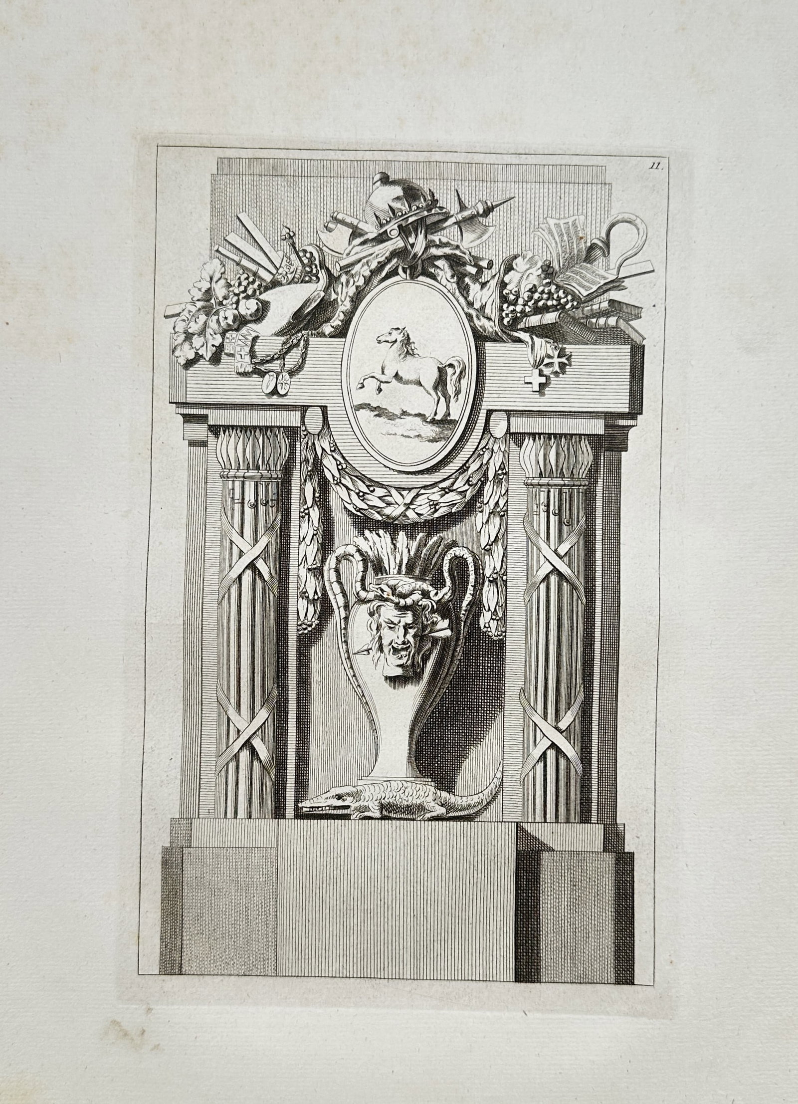 Jean-Charles Delafosse – Monumental Design with Horse Medallion – Engraving (1768): "Monumental Design with Horse Medallion" is an architectural illustration showcasing a classical ornamental structure from an eighteenth-century design publication. The composition features a detailed