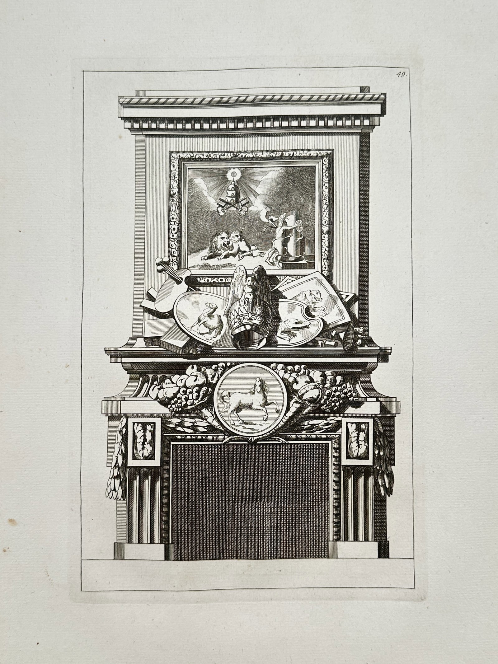 Jean-Charles Delafosse – Fireplace Design with Allegorical Crest – Engraving (1768): "Fireplace Design with Allegorical Crest" is an architectural illustration showcasing a classical ornamental structure from an eighteenth-century design publication. The composition features a detaile