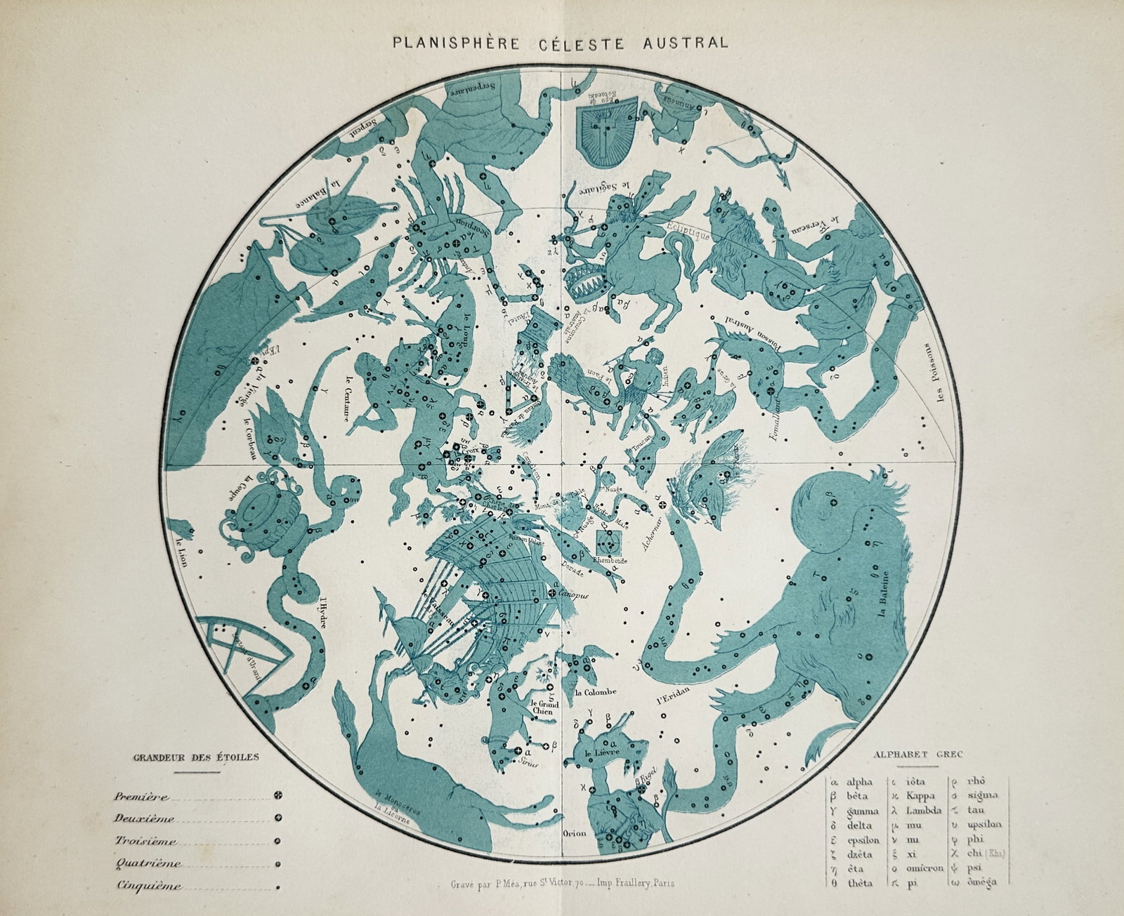 Jean Rambosson – Southern Celestial Planisphere (Planisphère Céleste Austral) –: "Southern Celestial Planisphere" is an astronomical illustration showcasing celestial phenomena from a nineteenth-century scientific publication. The composition features a detailed circular map rende