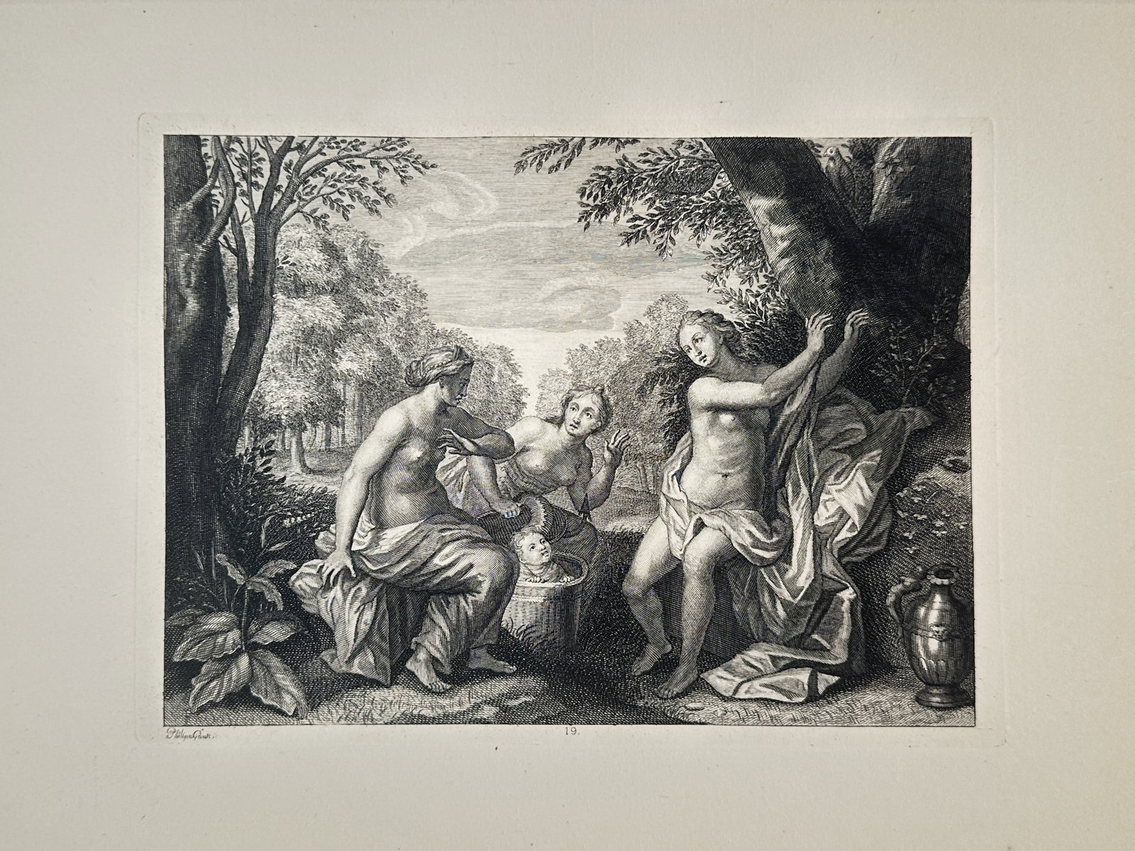 Philip van Gunst – The Discovery of the Infant Oedipus – Engraving (1714): "The Discovery of the Infant Oedipus" is a mythological illustration showcasing characters from classical antiquity within an art publication. The composition features a detailed rendering of nymphs t
