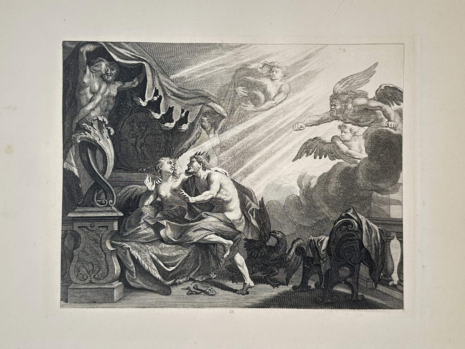 Philip van Gunst – Jupiter and Semele – Engraving (1714): "Jupiter and Semele" is a mythological illustration showcasing characters from classical antiquity within an art publication. The composition features a detailed rendering of the enthroned king of the