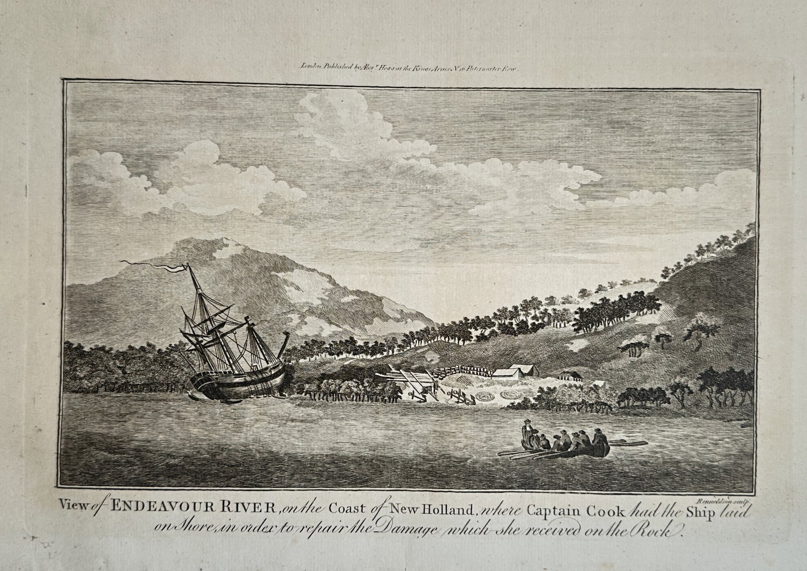Alexander Hogg – View of Endeavour River – Engraving (1784): "View of Endeavour River" is a historical illustration showcasing a maritime expedition scene within a British travel publication. The composition features a detailed rendering of a large sailing vess
