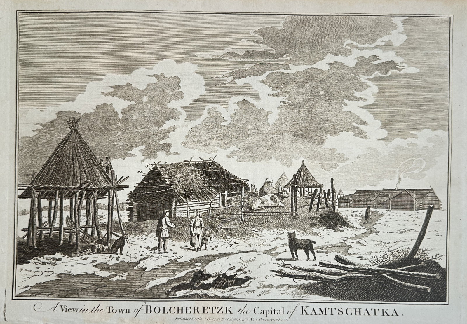 Alexander Hogg – A View in the Town of Bolcheretzk the Capital of Kamtschatka – Engraving (1784): "A View in the Town of Bolcheretzk the Capital of Kamtschatka" is a historical illustration showcasing a remote settlement scene within a travel publication. The composition features a detailed render