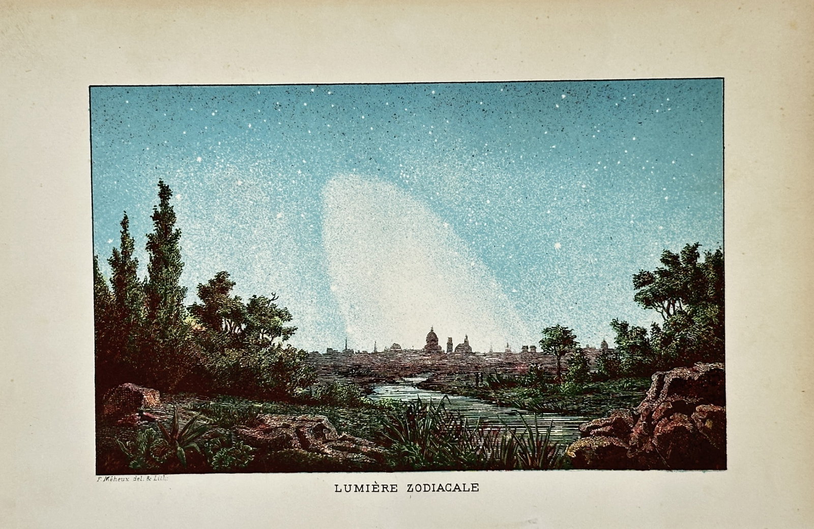 Jean-Pierre Rambosson – Zodiacal Light – Lithograph (19th Century): "Lumiere Zodiacale" presents a broad overview of a luminous cone extending into a starry night sky above a distant city skyline and river landscape. This astronomical illustration captures the rare ce