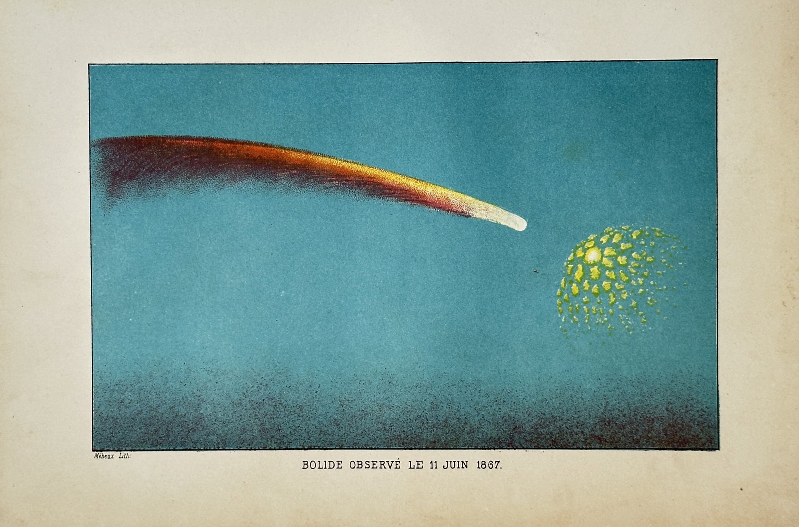 Jean-Pierre Rambosson – Fireball Observed on June 11 1867 – Lithograph (19th Century): "Bolide Observe le 11 Juin 1867" presents a broad overview of a brilliant meteor trail streaking through the atmosphere next to an exploding celestial body. This astronomical illustration documents a 