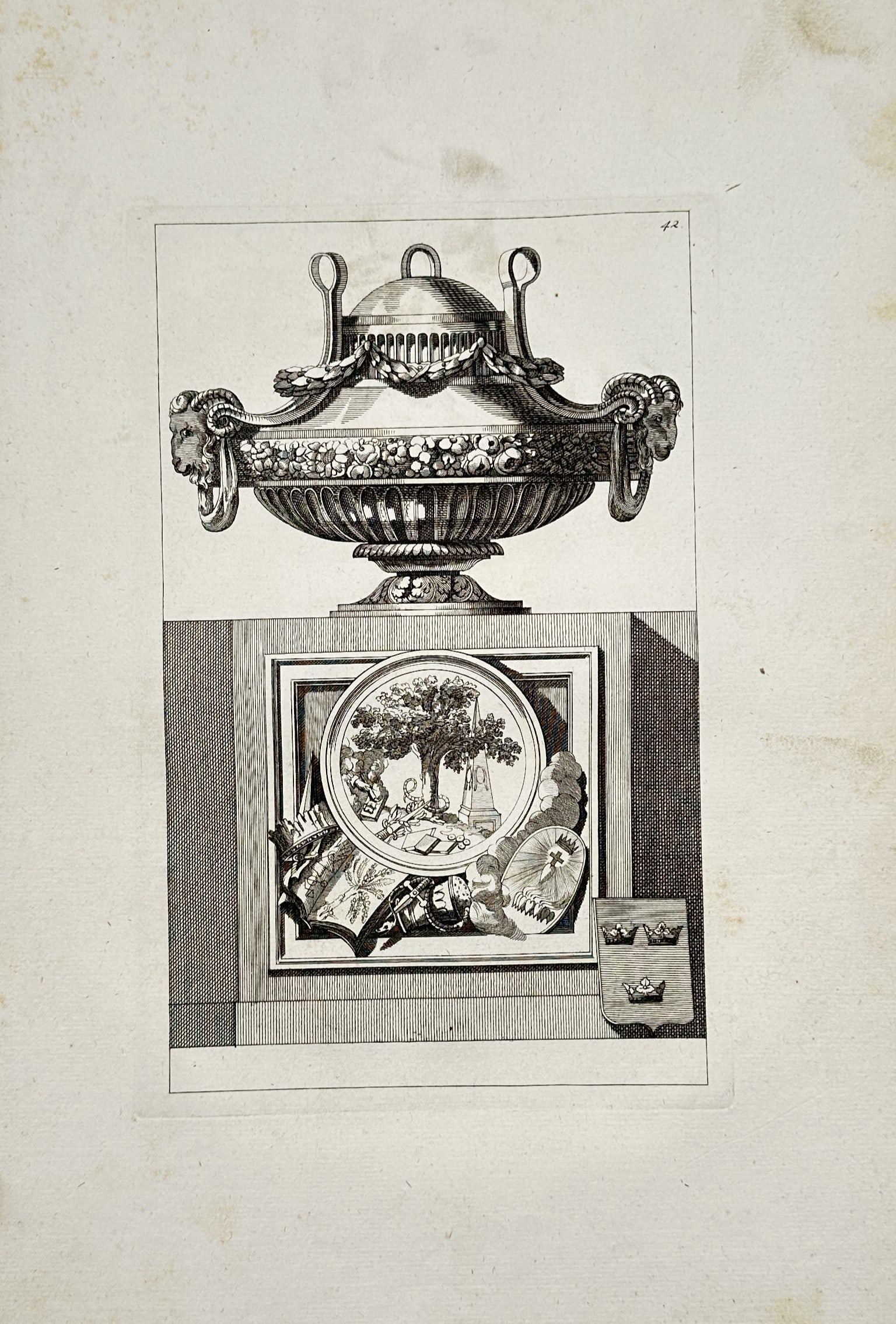 Jean-Charles Delafosse – Ornamental Vase and Pedestal – Engraving (18th Century) (1 of 2)