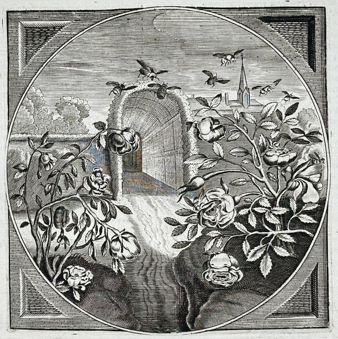 Jacob Cats – Love is Shameful in Old Age – Engraving (17th Century): "Turpe Senilis Amor" presents a broad overview of a structured garden setting filled with blossoming rose bushes and flying insects under a wide sky within a circular emblem frame. This emblem book il