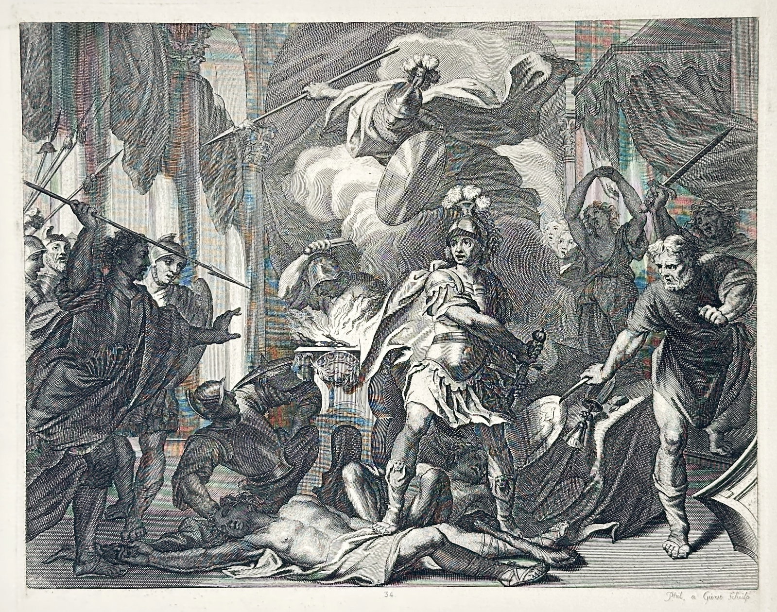 Pieter Stevens van Gunst – Scene of Classical Warfare – Engraving (18th Century): "Scene of Classical Warfare" presents a broad overview of a dramatic palace battle featuring a central armored warrior standing triumphantly amidst fallen combatants while armed figures clash under a 