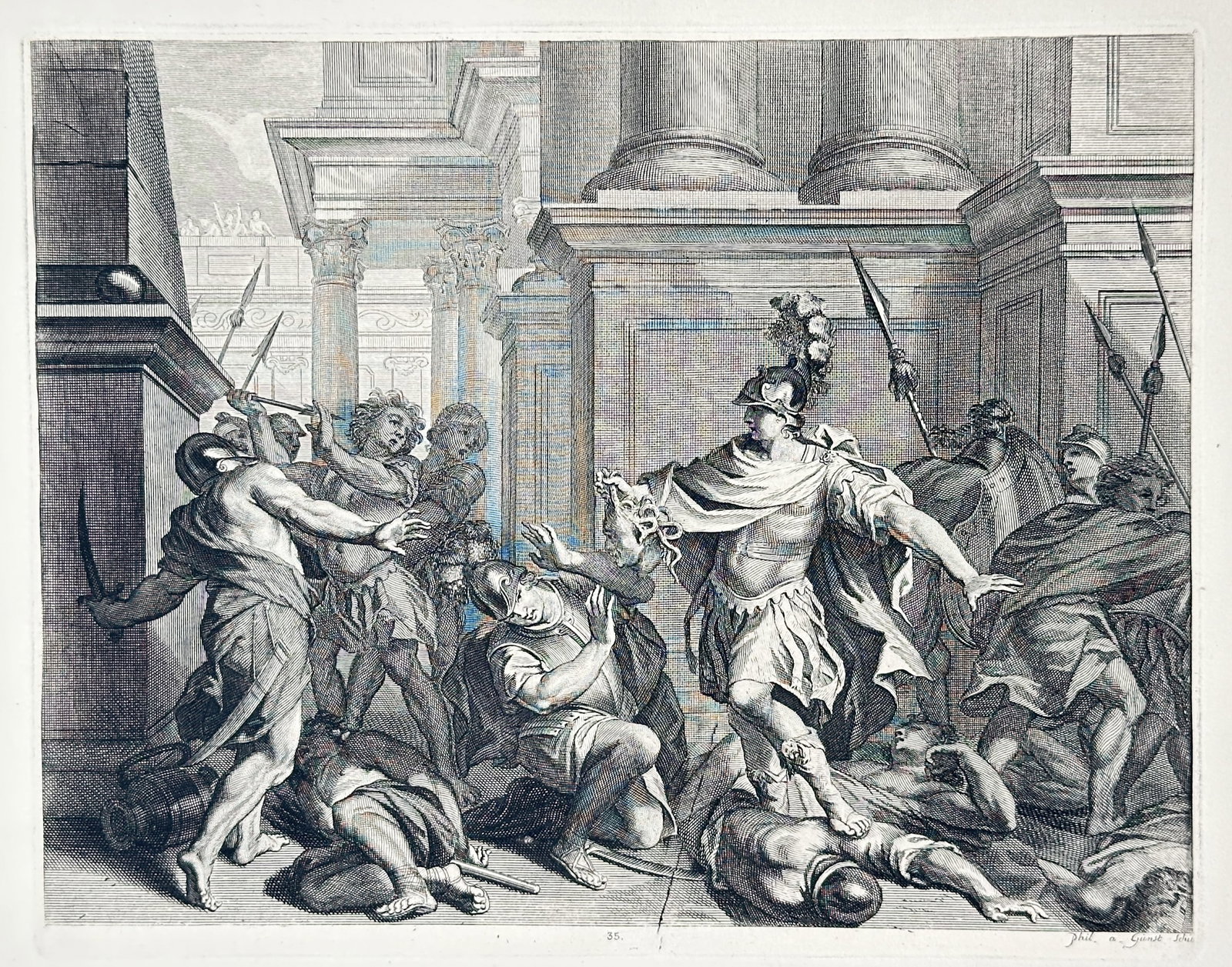 Pieter Stevens van Gunst – Perseus Turning His Enemies to Stone – Engraving (18th Century): Perseus Turning His Enemies to Stone presents a broad overview of a dramatic classical battle within an ancient architectural setting where a central warrior brandishes the severed head of Medusa to p