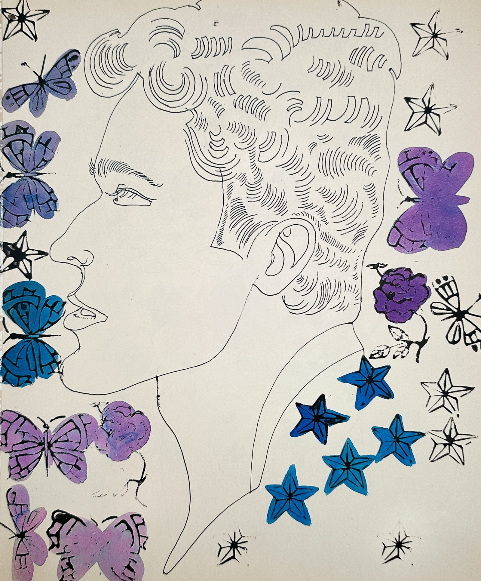 Andy Warhol,after – Male Profile with Butterflies and Stars – Offset lithograph reproduction: Male Profile with Butterflies and Stars presents a broad overview of a stylized line drawing depicting a man in profile surrounded by decorative butterflies and star motifs. This modern illustration c