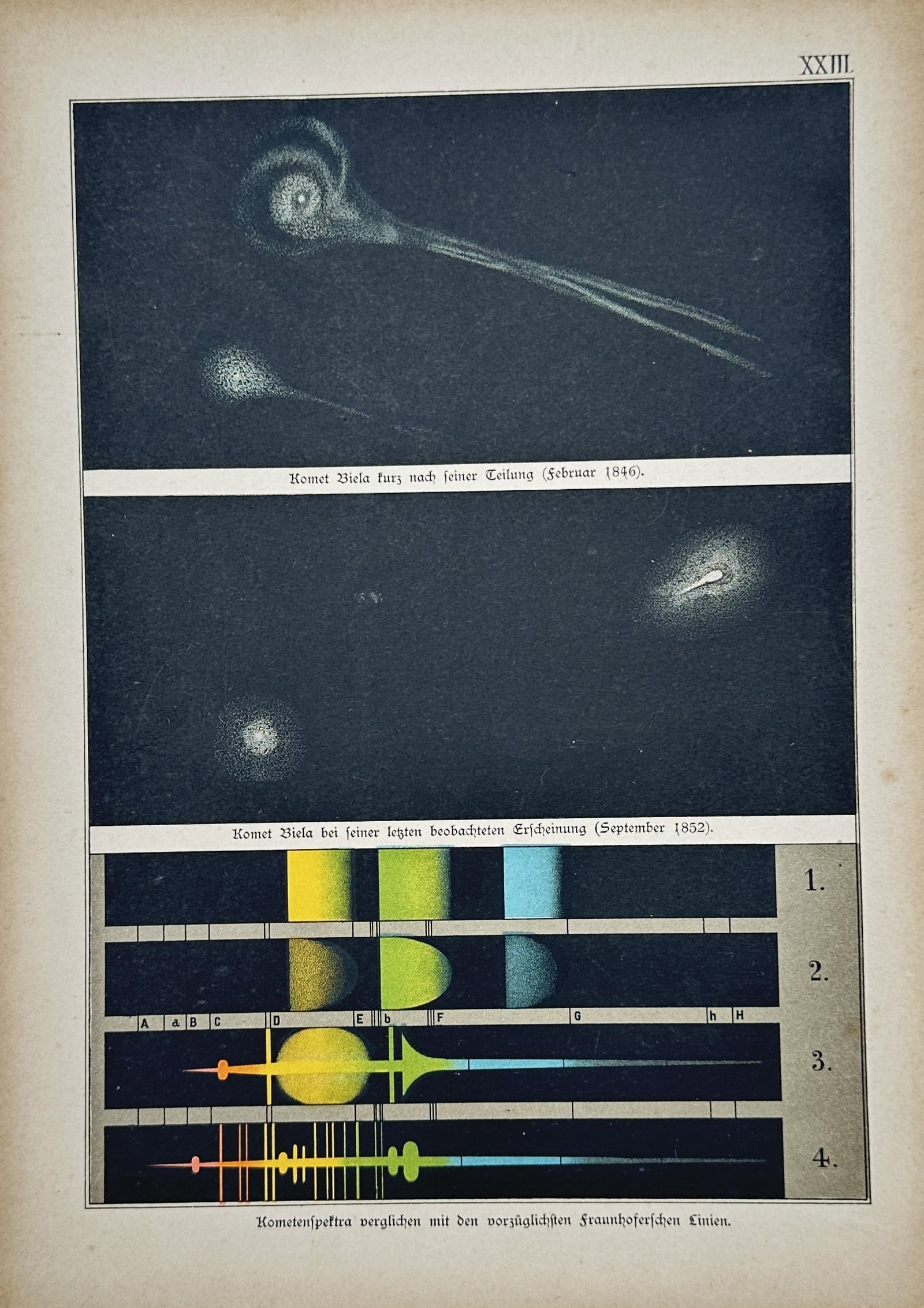 Wilhelm Nitzschke – Observations of Comets and Spectra – Lithograph (19th Century): "Kometenspektra" presents a broad overview of the visual appearance of a celestial comet alongside multi-colored spectral bands analyzed against a dark background. This astronomical illustration serve