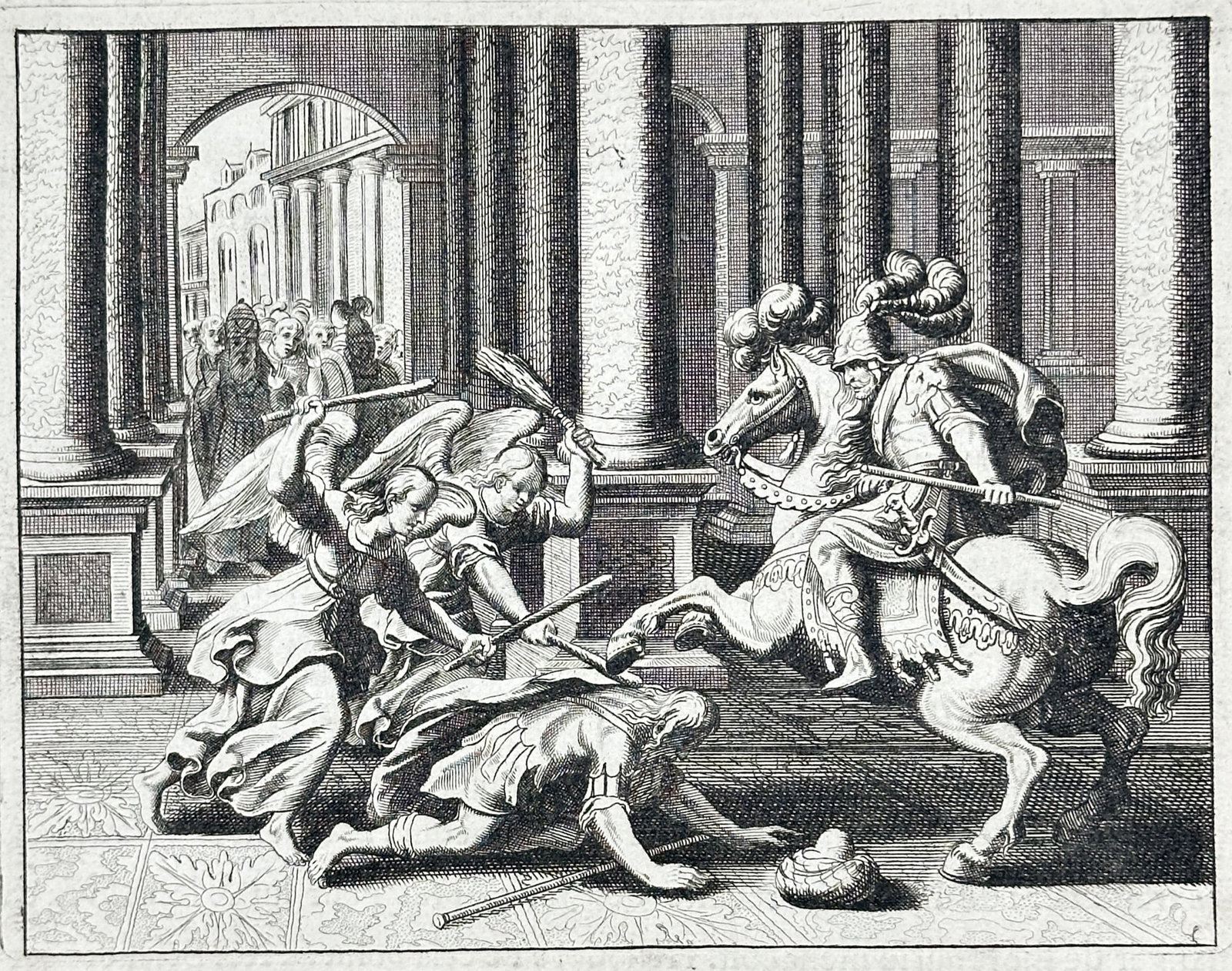 Nicolas Fontaine – Heliodorus Beaten with Rods – Engraving (1670): "Heliodore Battu de Verges" presents a broad overview of a biblical scene showing Heliodorus being struck down and beaten with rods by angels after attempting to plunder the Temple of Jerusalem, compl