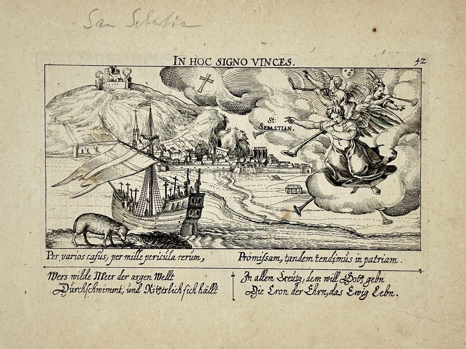 Daniel Meisner – San Sebastian – Engraving (17th Century): "In This Sign You Shall Conquer" presents a broad overview of a fortified coastal city with a hilltop fortress, a sailing vessel navigating the waters, and winged allegorical figures appearing in the 