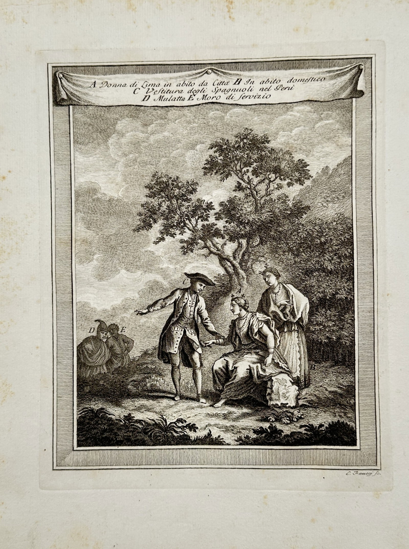 Abbé Prévost – Spanish Dress in Peru – Engraving (18th Century) (1 of 2)