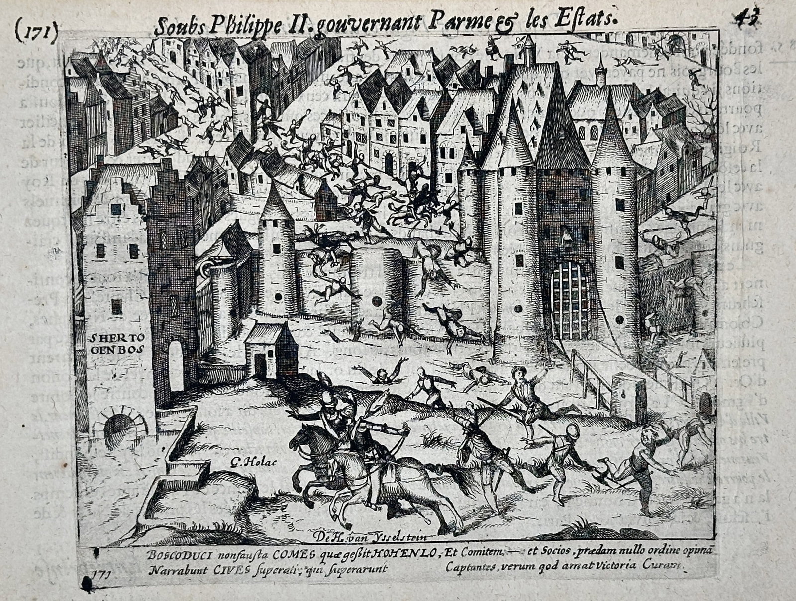 Willem Baudartius – Battle of 's-Hertogenbosch – Engraving (17th Century): "Under Philip II, Governing Parma and the States" presents a broad overview of a chaotic historical battle taking place both outside and within the defensive fortifications of the town of 's-Hertogenb
