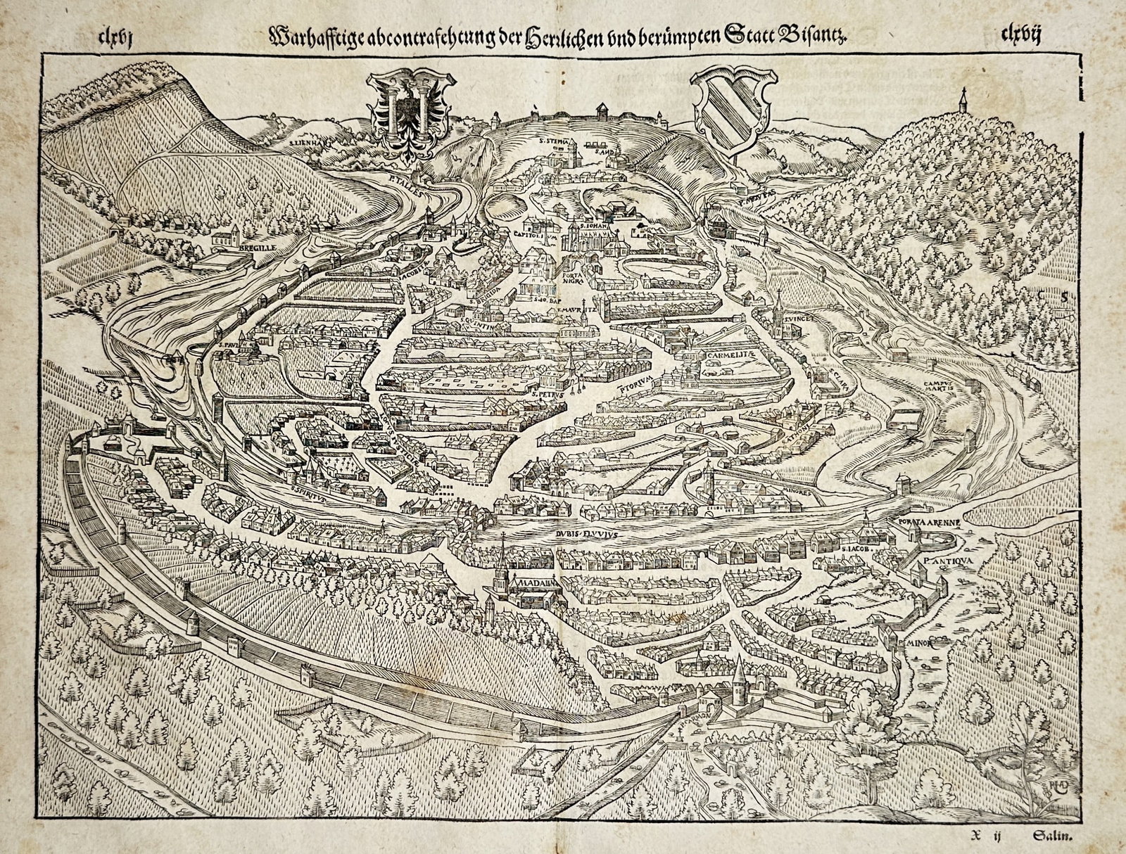 Sebastian Münster – Map of Besancon – France – Woodcut (16th Century): "True Depiction of the Magnificent and Famous City of Besancon" presents a broad overview of the fortified city of Besancon nestled within a river loop and surrounded by rolling hills. This detailed t