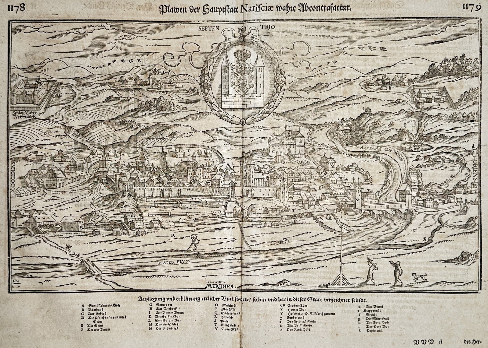 Sebastian Münster – Map of Plauen – Germany – Woodcut (16th Century): "True Depiction of Plauen the Capital of Nariscia" presents a broad overview of the fortified city of Plauen surrounded by rolling hills and a winding river. This detailed topographical view documents