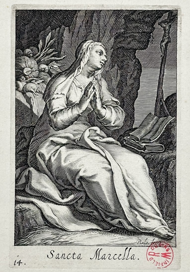 Abraham Bloemaert – Saint Marcella – Engraving (17th Century): "Sancta Marcella" This engraving depicts Saint Marcella in a moment of devotion, seated in prayer with clasped hands before an open book and a crucifix. The composition utilizes dynamic cross-hatching