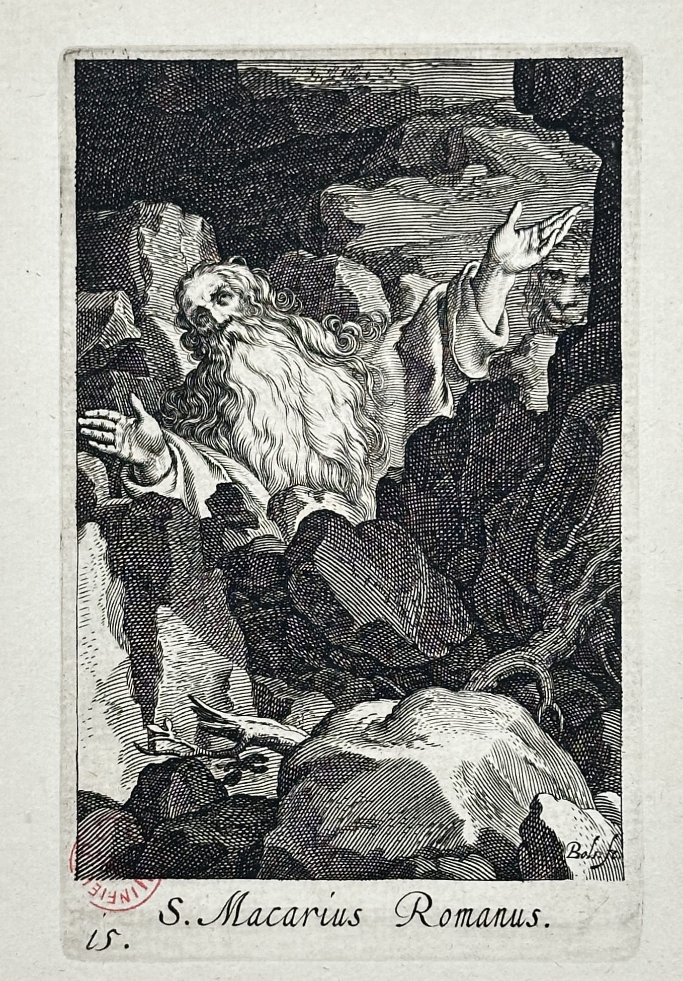 Abraham Bloemaert – Saint Macarius Romanus – Engraving (17th Century): "S. Macarius Romanus" This engraving depicts Saint Macarius Romanus as an elderly hermit with a long beard amidst a rugged, rocky wilderness setting. The composition uses dramatic contrasts of light a