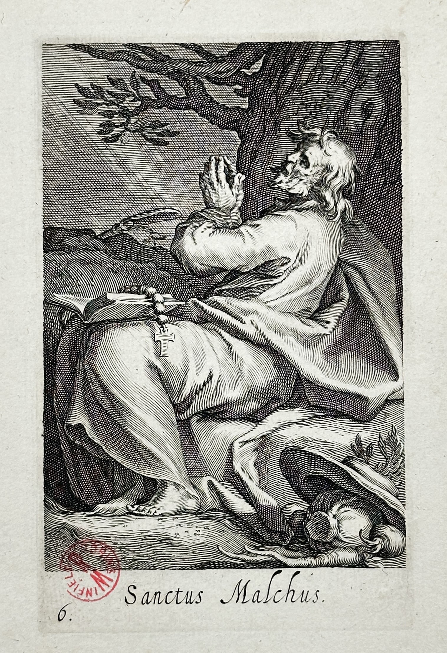 Abraham Bloemaert – Saint Malchus – Engraving (17th Century): "Sanctus Malchus" This engraving depicts Saint Malchus seated outdoors in profile under the branches of a tree, his hands clasped in intense prayer. An open book rests on his lap alongside a rosary, w